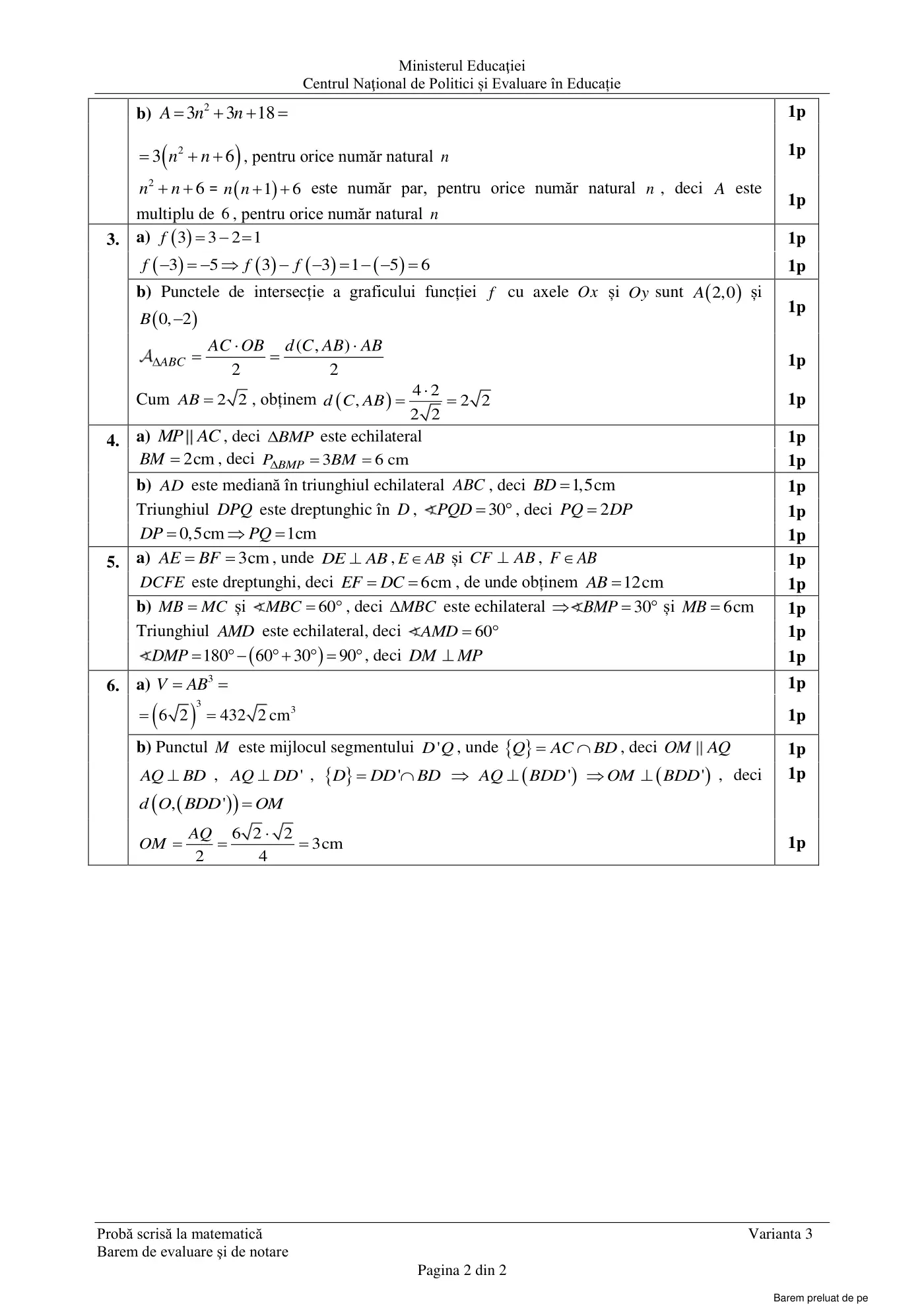 Pagina 2 din baremul pentru examen oficial (sesiunea iunie), matematică, 24 iunie 2021