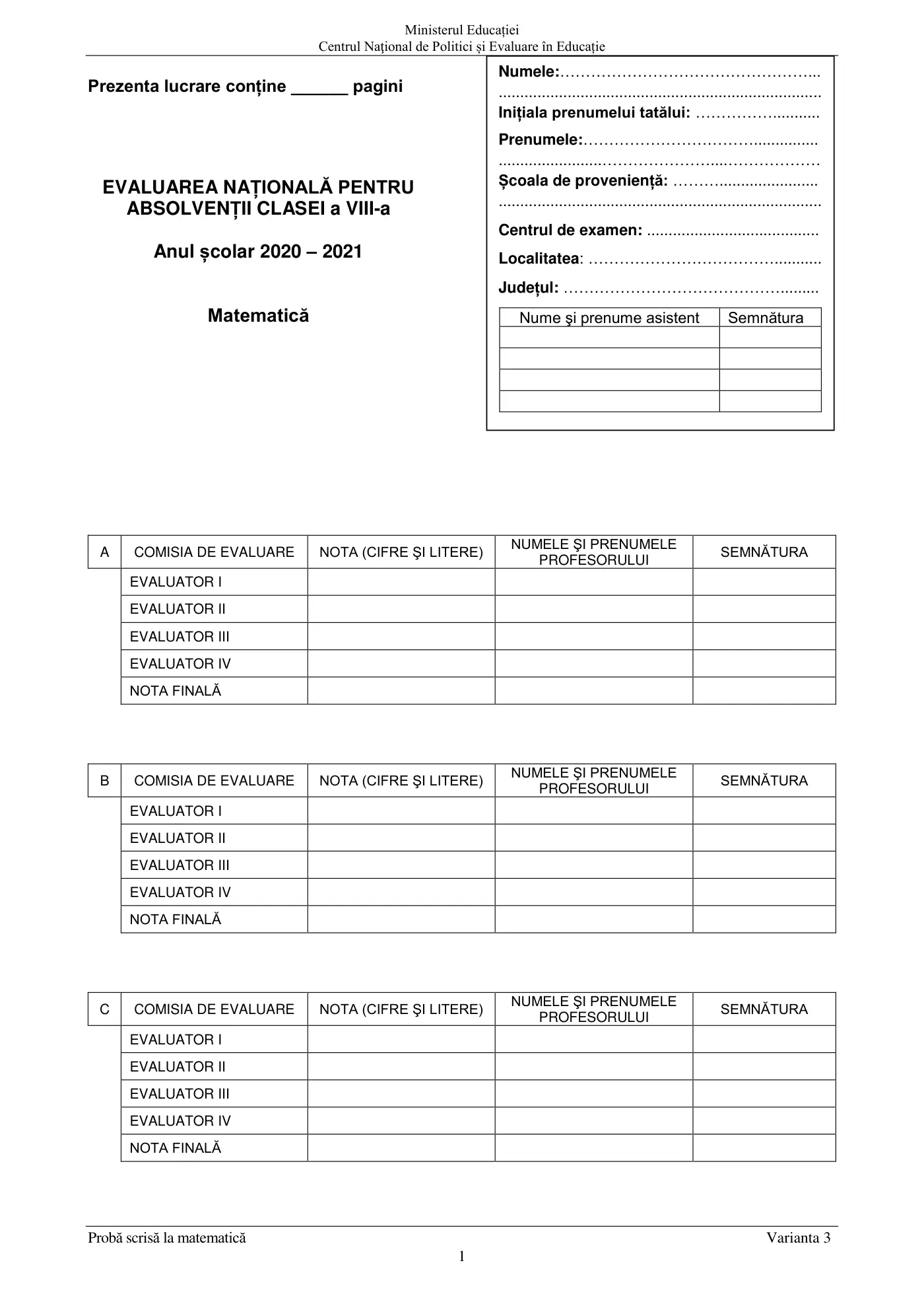 Pagina 1 din subiectul examen oficial (sesiunea iunie), matematică, 24 iunie 2021