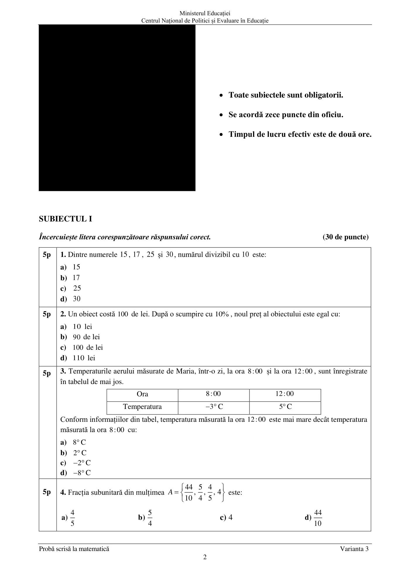 Pagina 2 din subiectul examen oficial (sesiunea iunie), matematică, 24 iunie 2021
