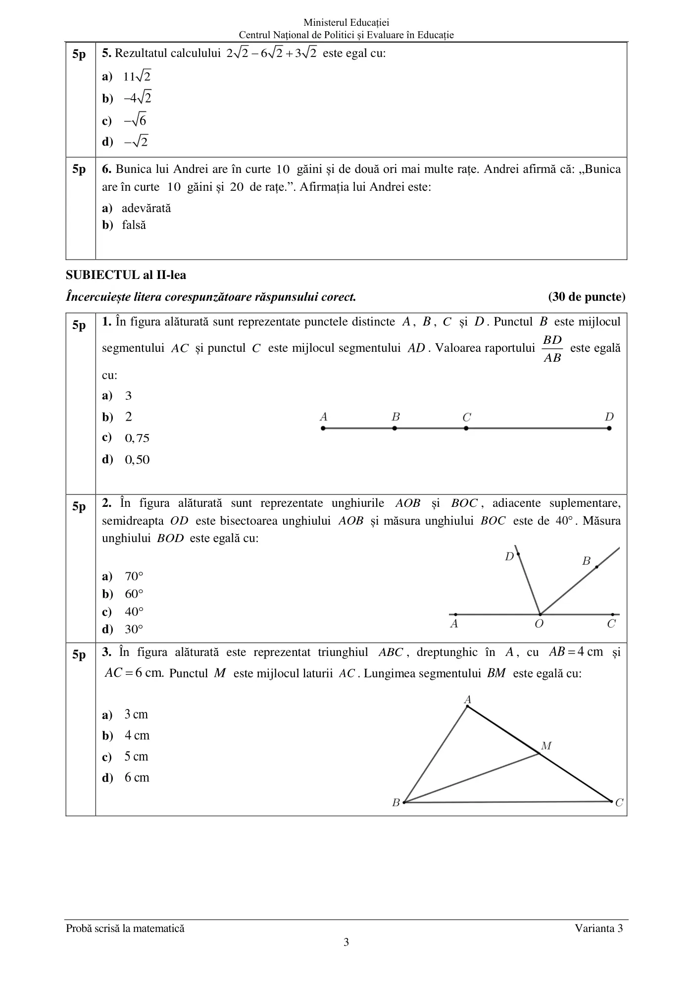 Pagina 3 din subiectul examen oficial (sesiunea iunie), matematică, 24 iunie 2021