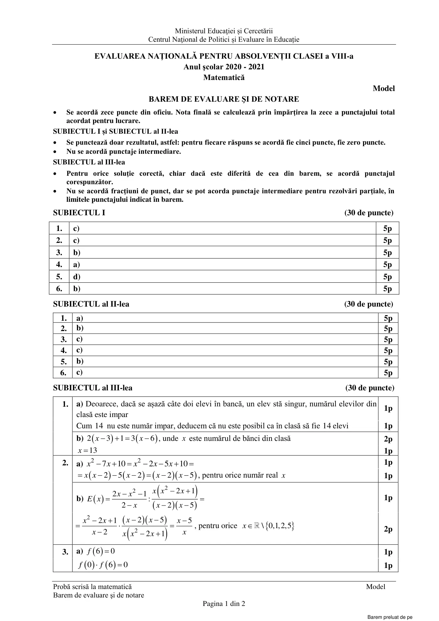 Pagina 1 din baremul pentru model oficial (varianta 2), matematică, noiembrie 2020
