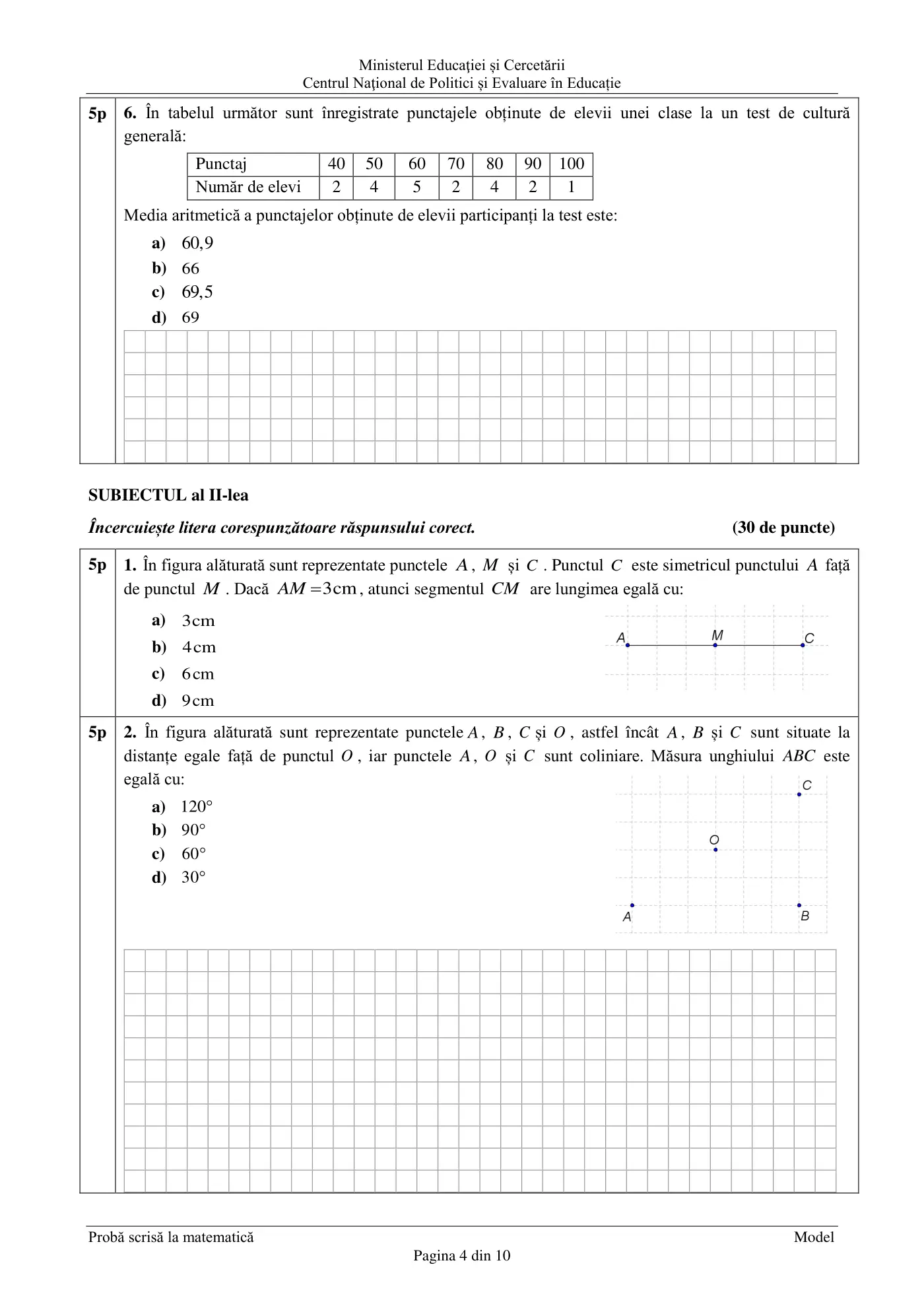 Pagina 4 din subiectul model oficial, matematică, noiembrie 2020