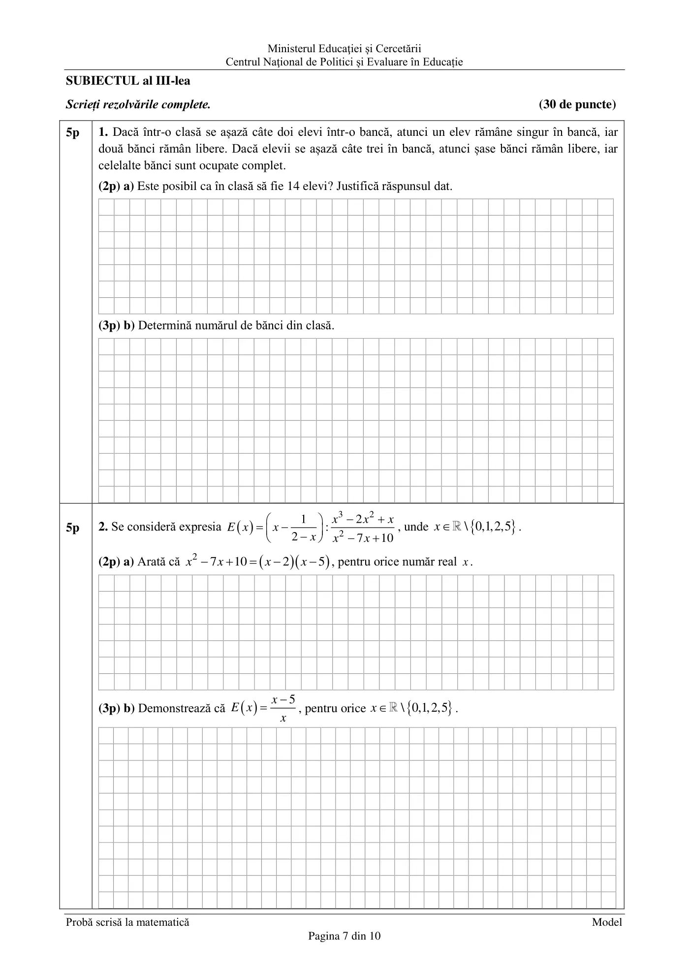 Pagina 7 din subiectul model oficial, matematică, noiembrie 2020