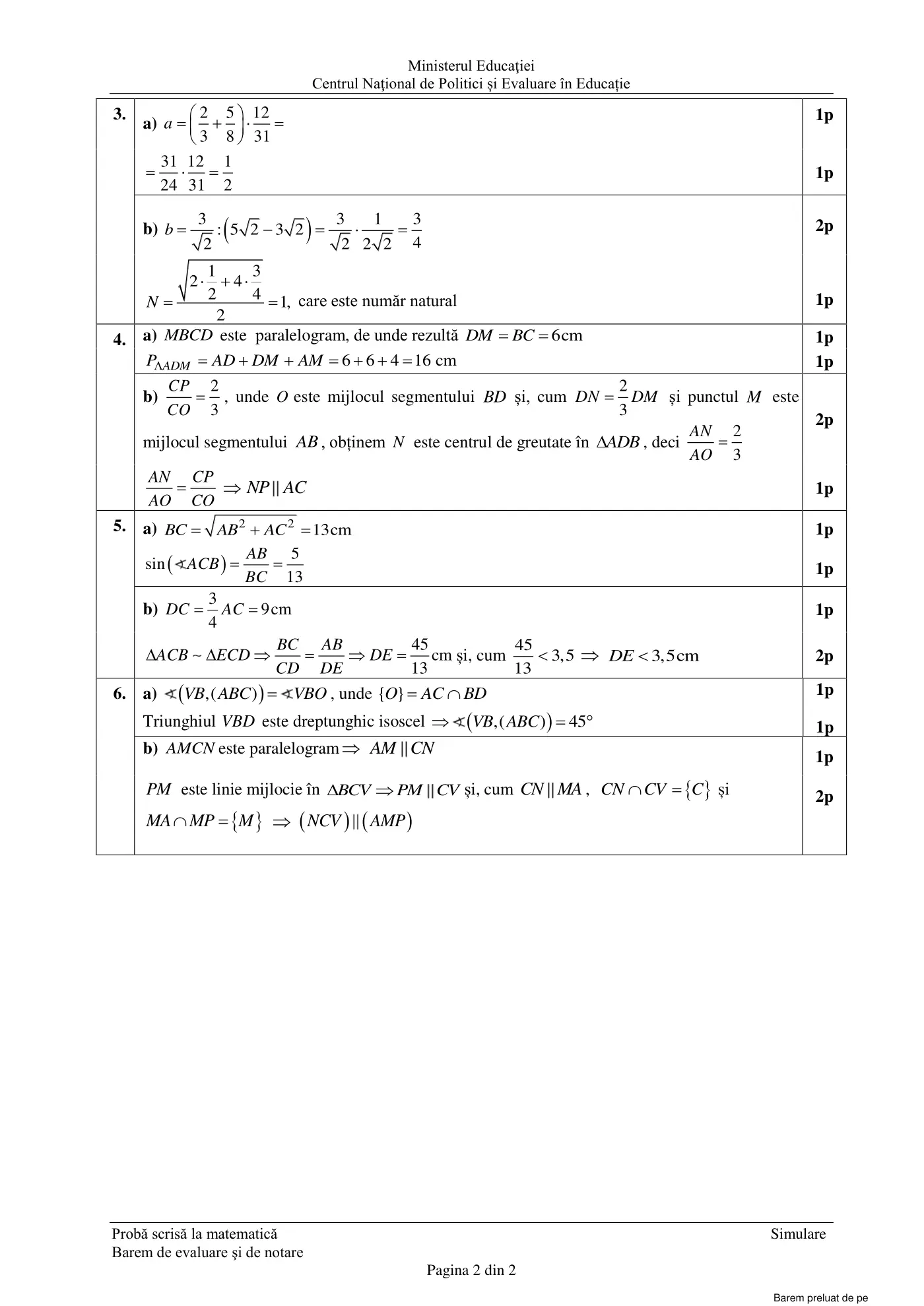 Pagina 2 din baremul pentru simulare națională, matematică, 30 martie 2021