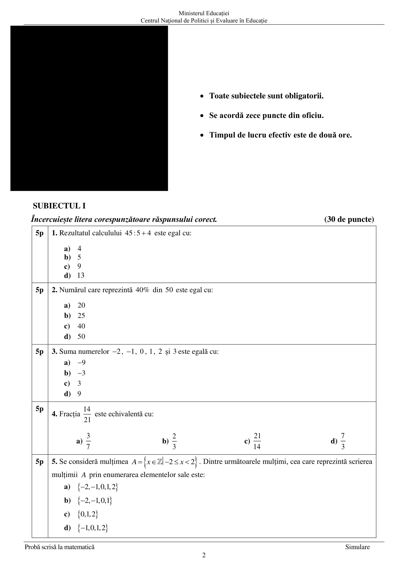 Pagina 2 din subiectul simulare națională, matematică, 30 martie 2021