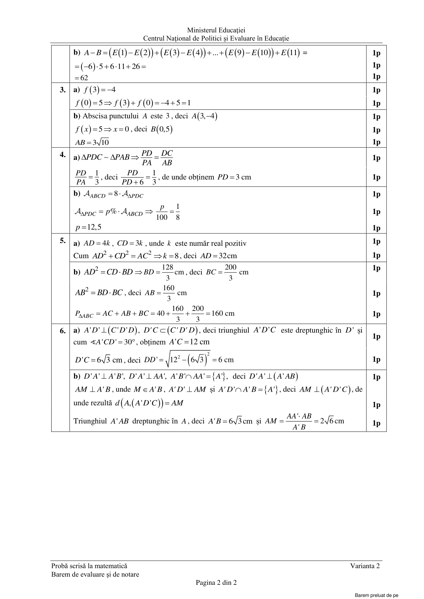 Pagina 2 din baremul pentru sesiunea specială, matematică, 6 iulie 2021