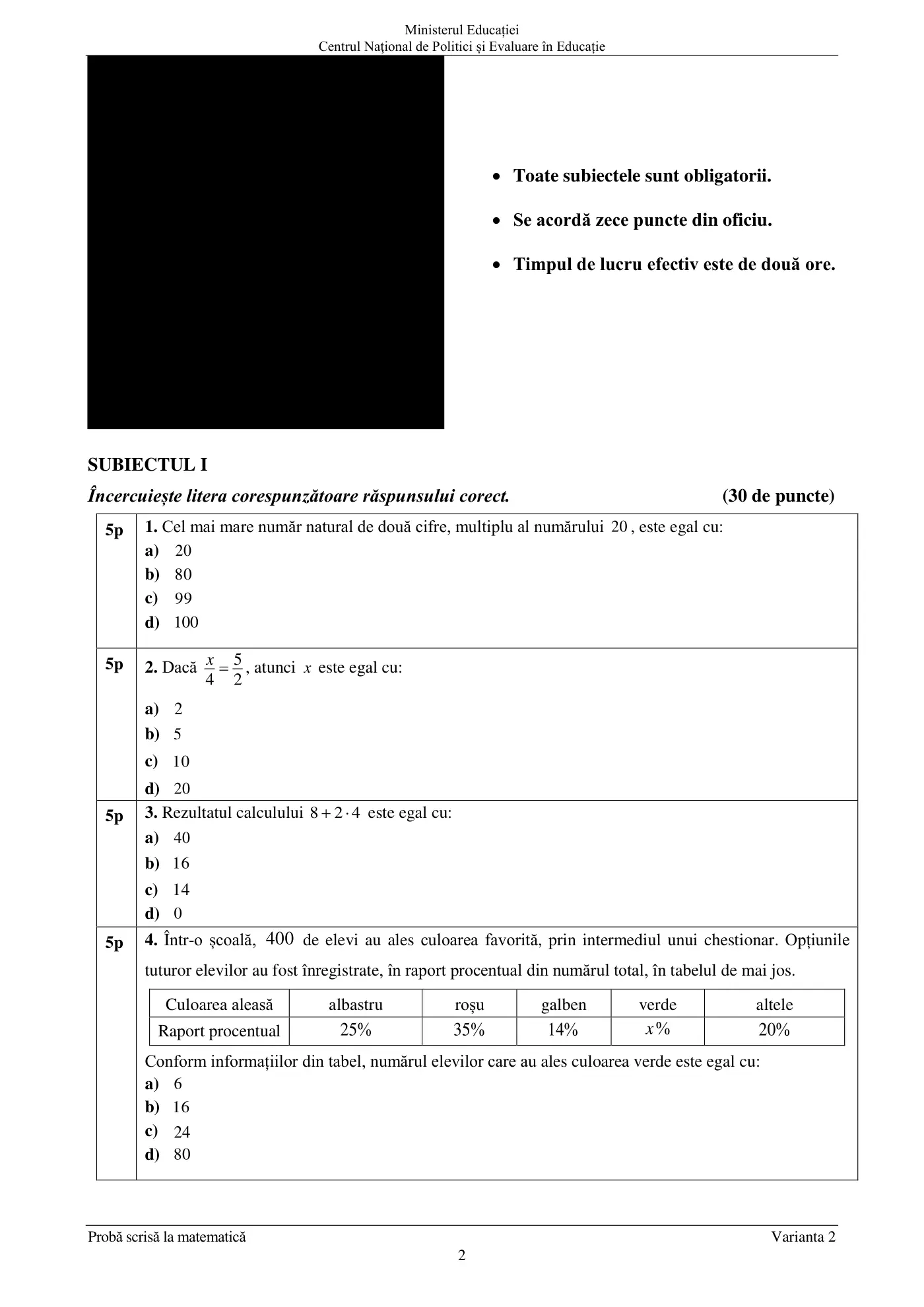 Pagina 2 din subiectul sesiunea specială, matematică, 6 iulie 2021