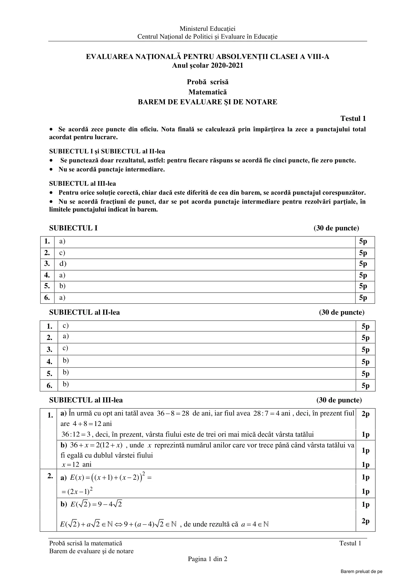 Pagina 1 din baremul pentru test de antrenament 1, matematică, februarie 2021