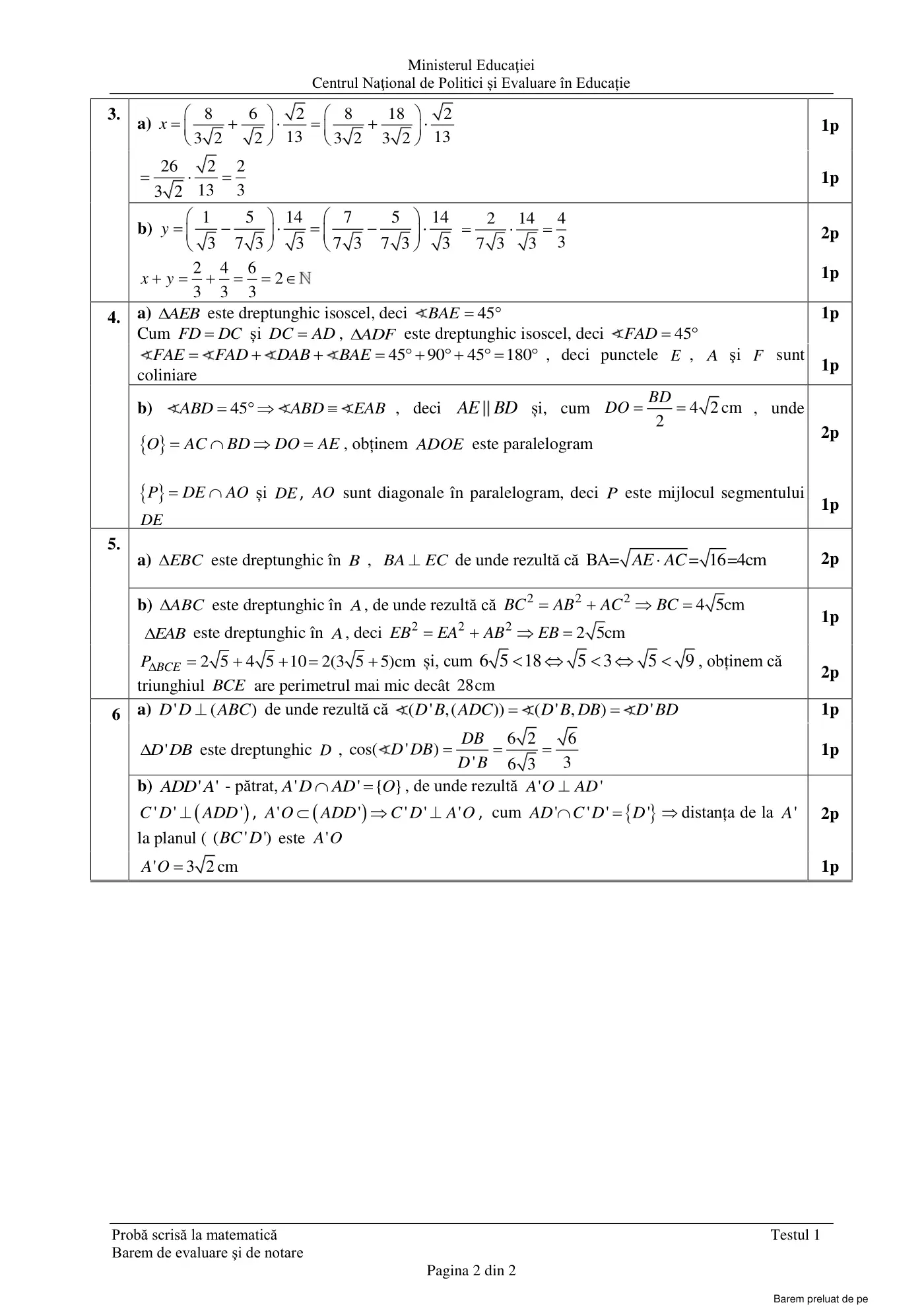 Pagina 2 din baremul pentru test de antrenament 1, matematică, februarie 2021