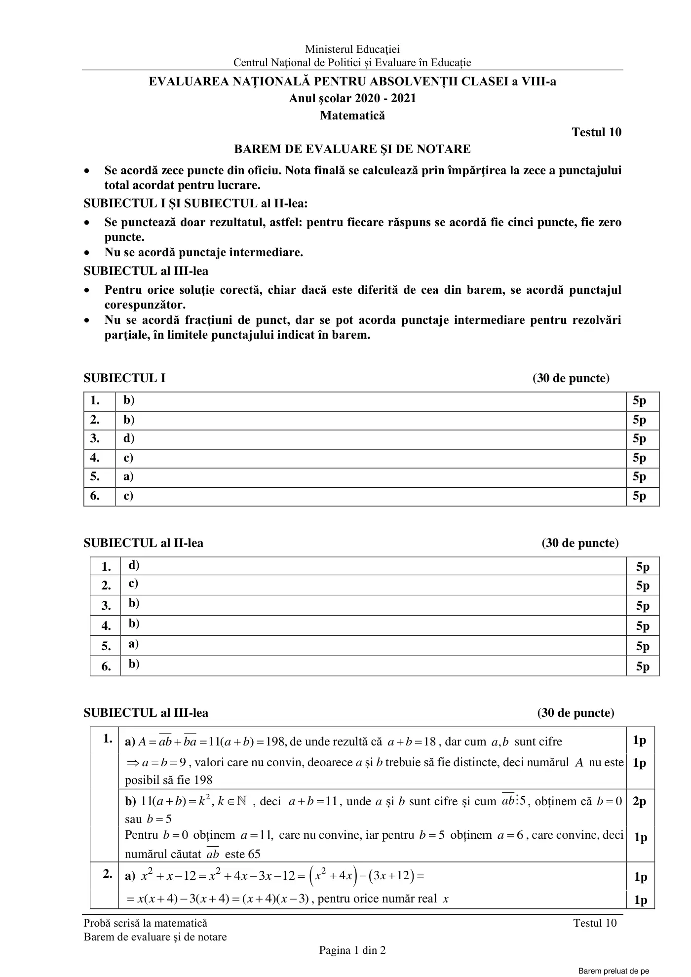 Pagina 1 din baremul pentru test de antrenament 10, matematică, martie 2021