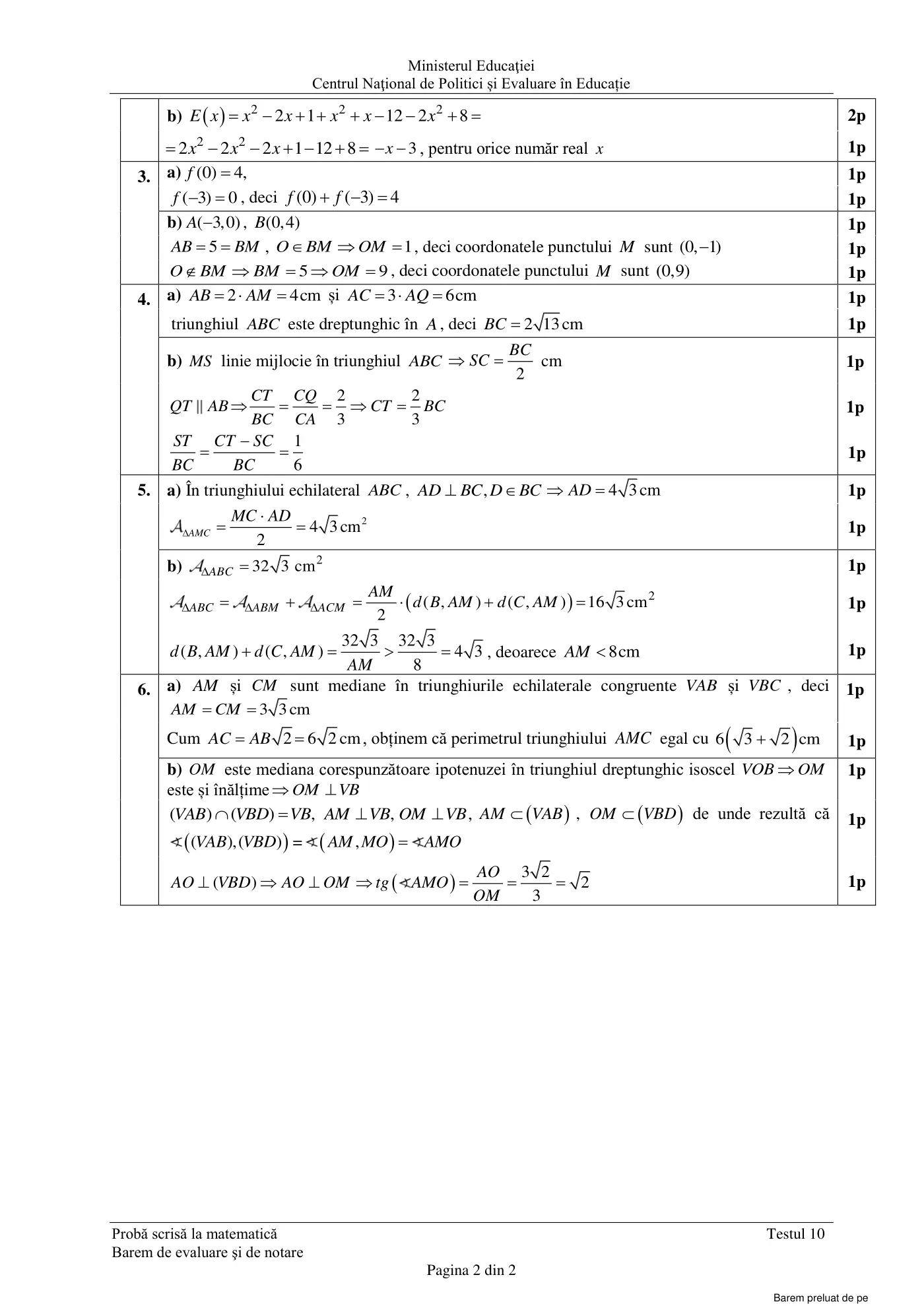 Pagina 2 din baremul pentru test de antrenament 10, matematică, martie 2021