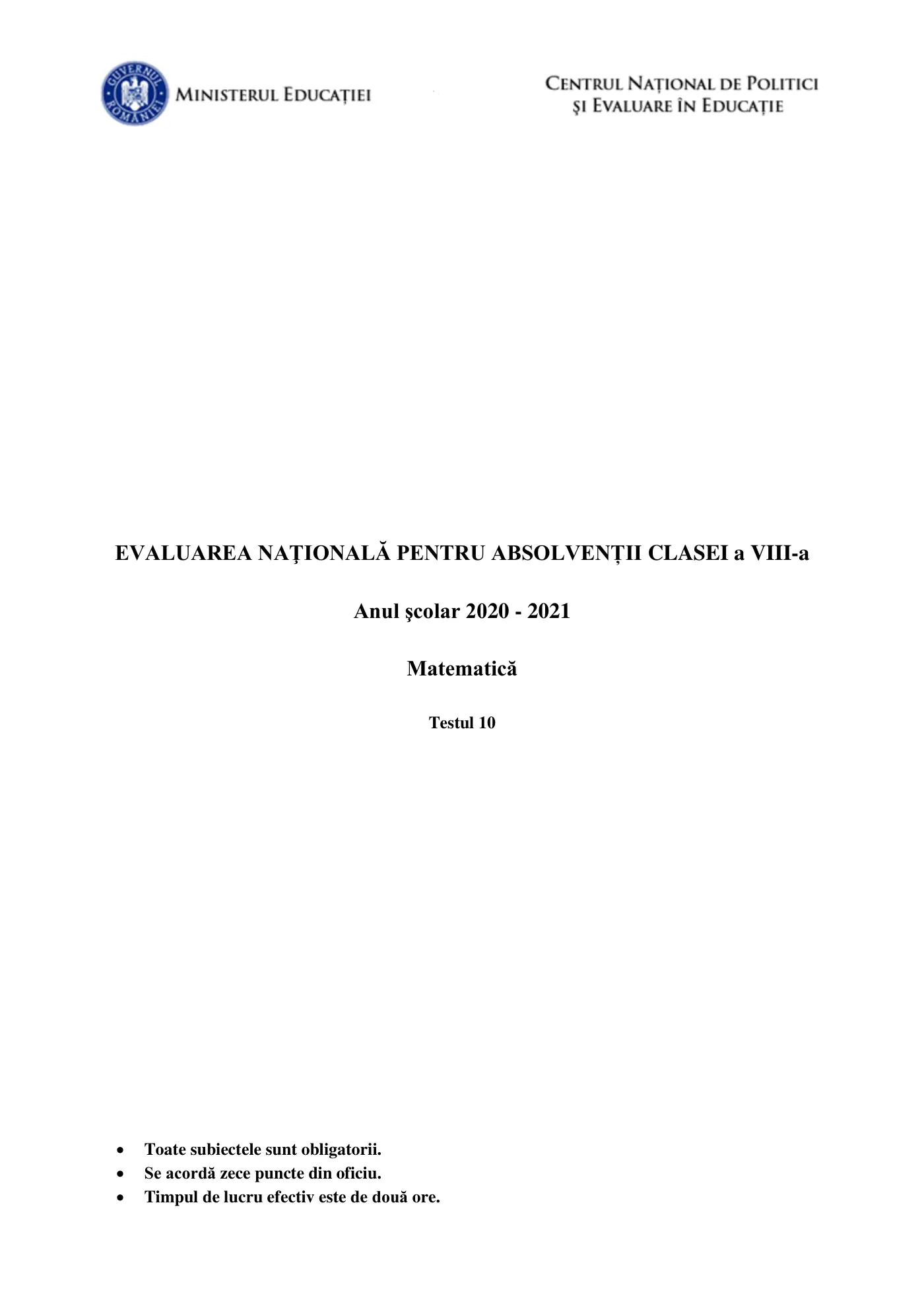 Pagina 1 din subiectul test de antrenament 10, matematică, martie 2021