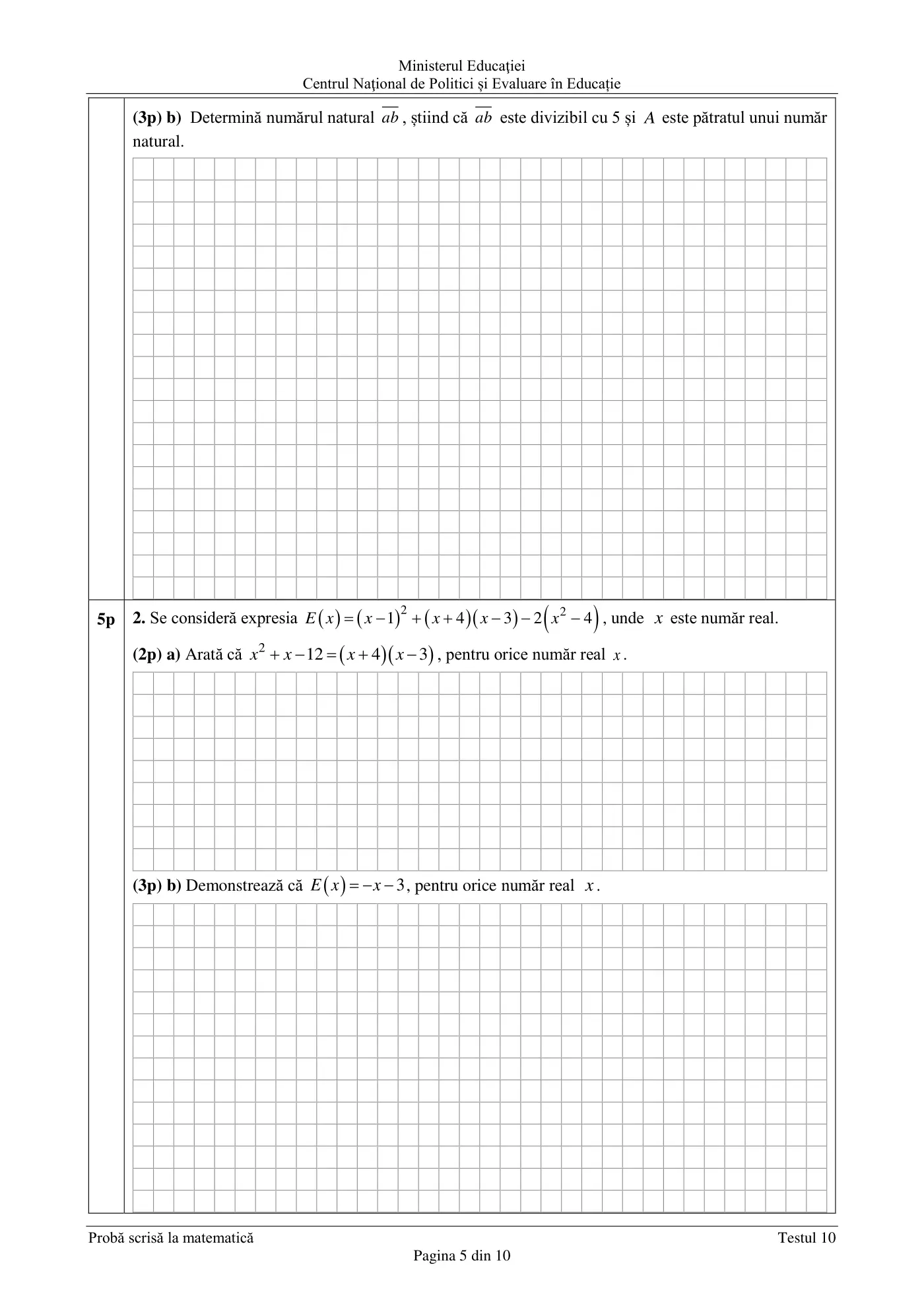 Pagina 5 din subiectul test de antrenament 10, matematică, martie 2021