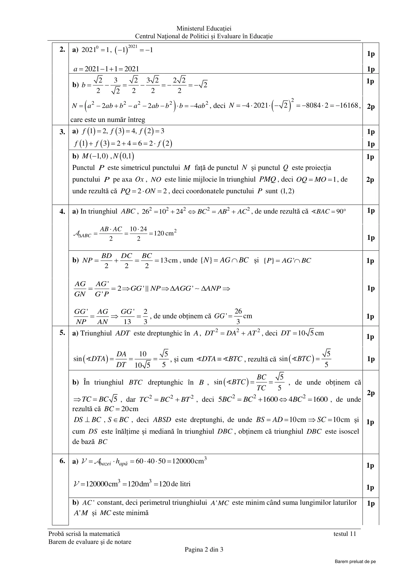 Pagina 2 din baremul pentru test de antrenament 11, matematică, martie 2021