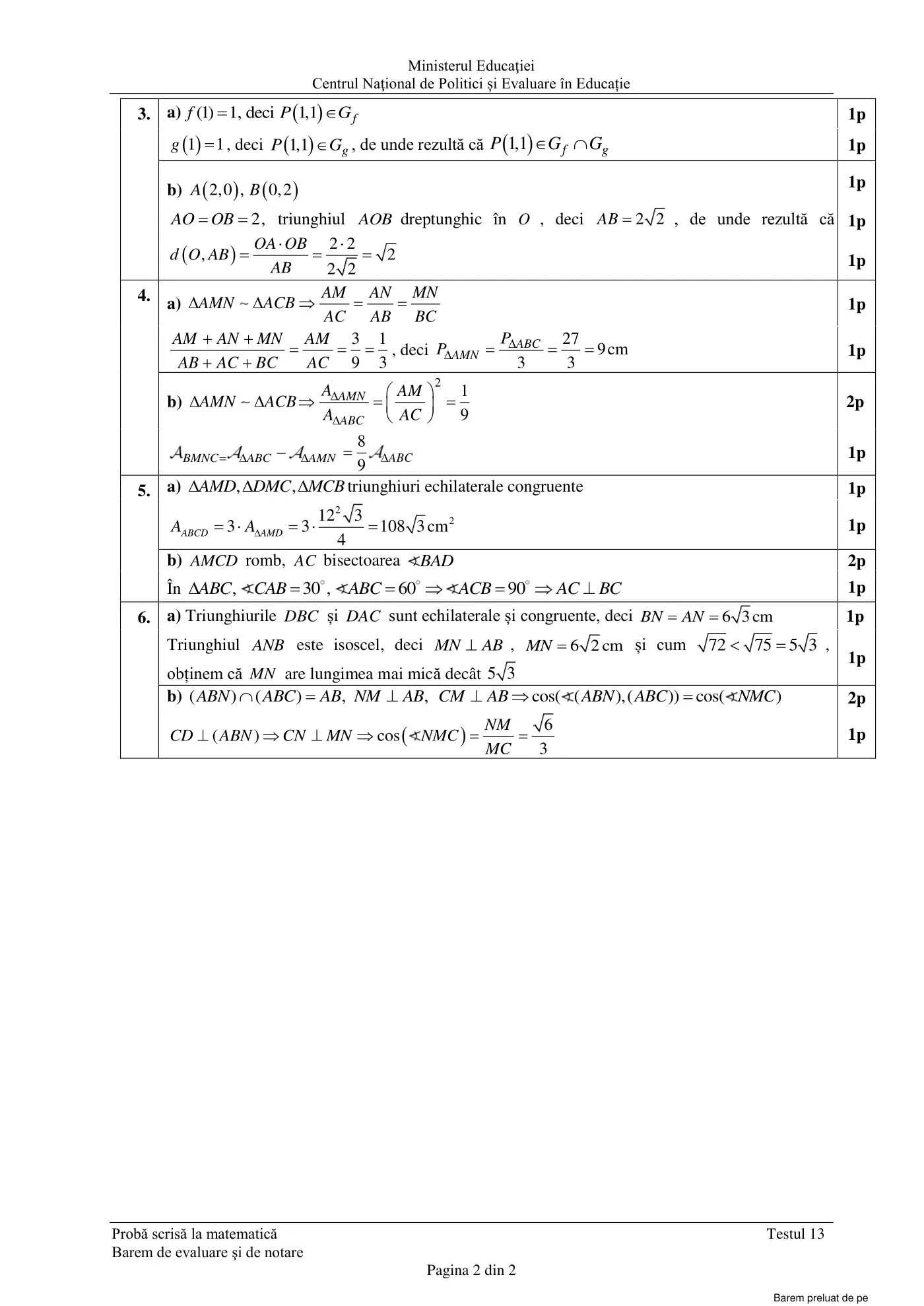 Pagina 2 din baremul pentru test de antrenament 13, matematică, martie 2021