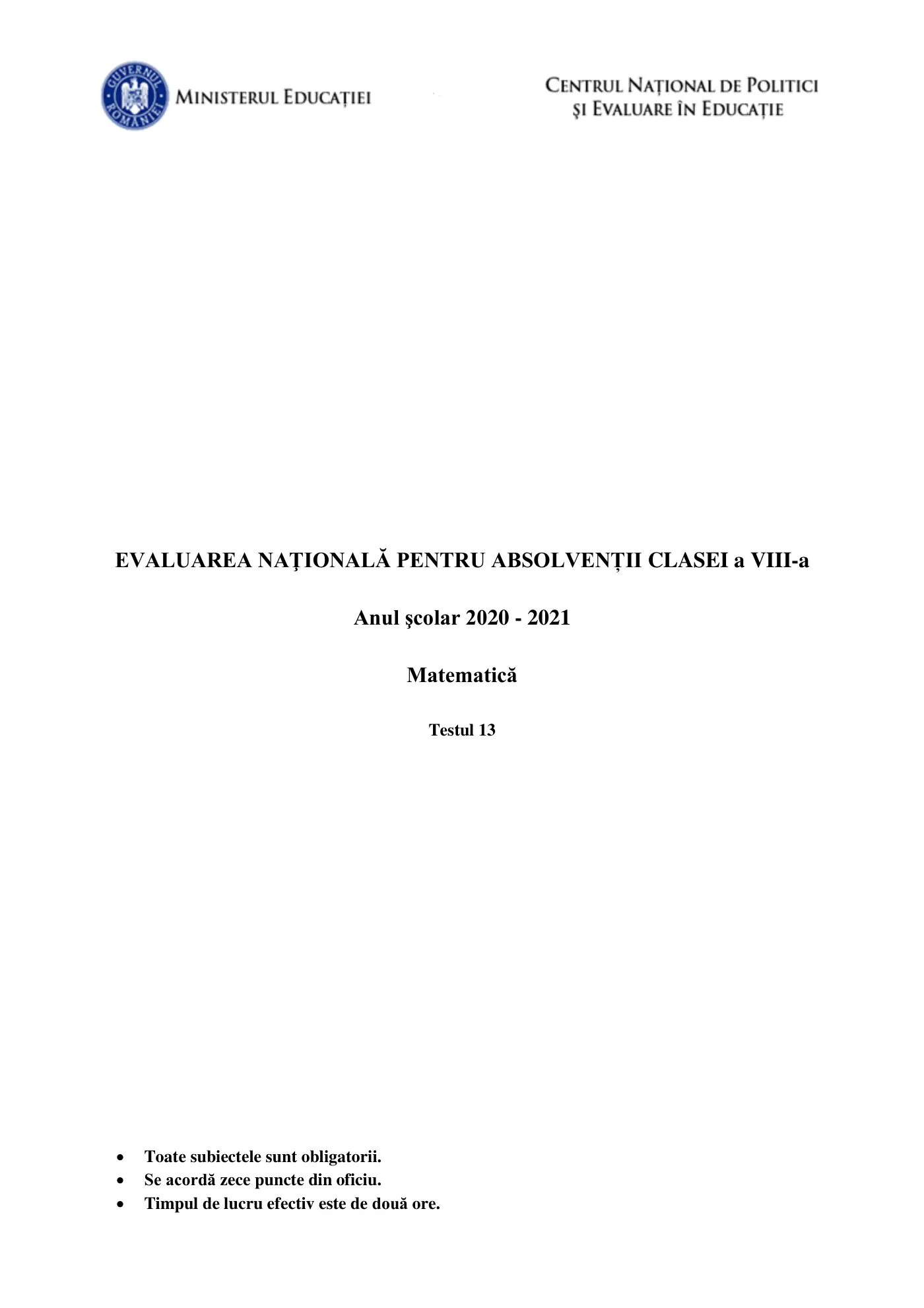 Pagina 1 din subiectul test de antrenament 13, matematică, martie 2021
