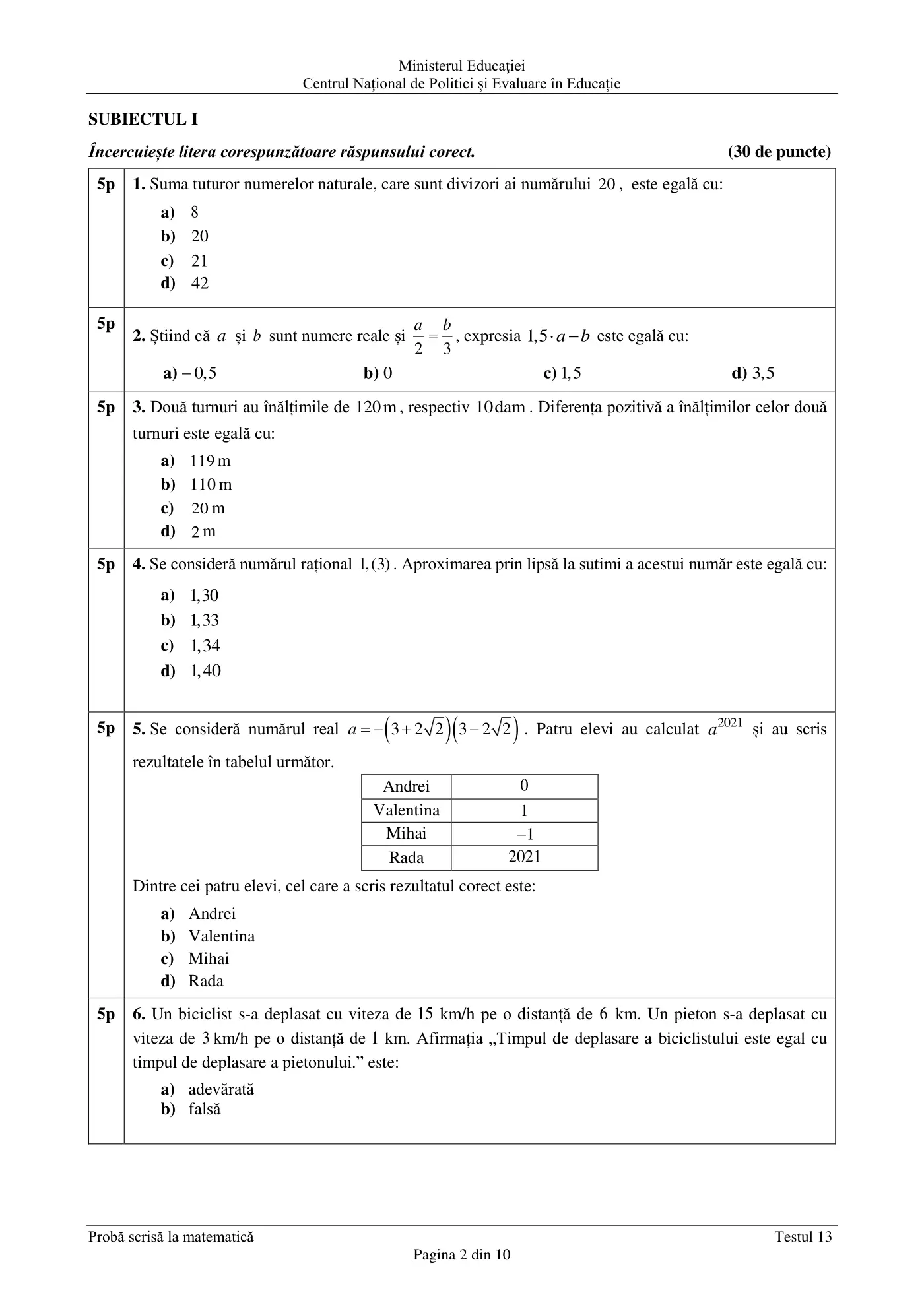 Pagina 2 din subiectul test de antrenament 13, matematică, martie 2021