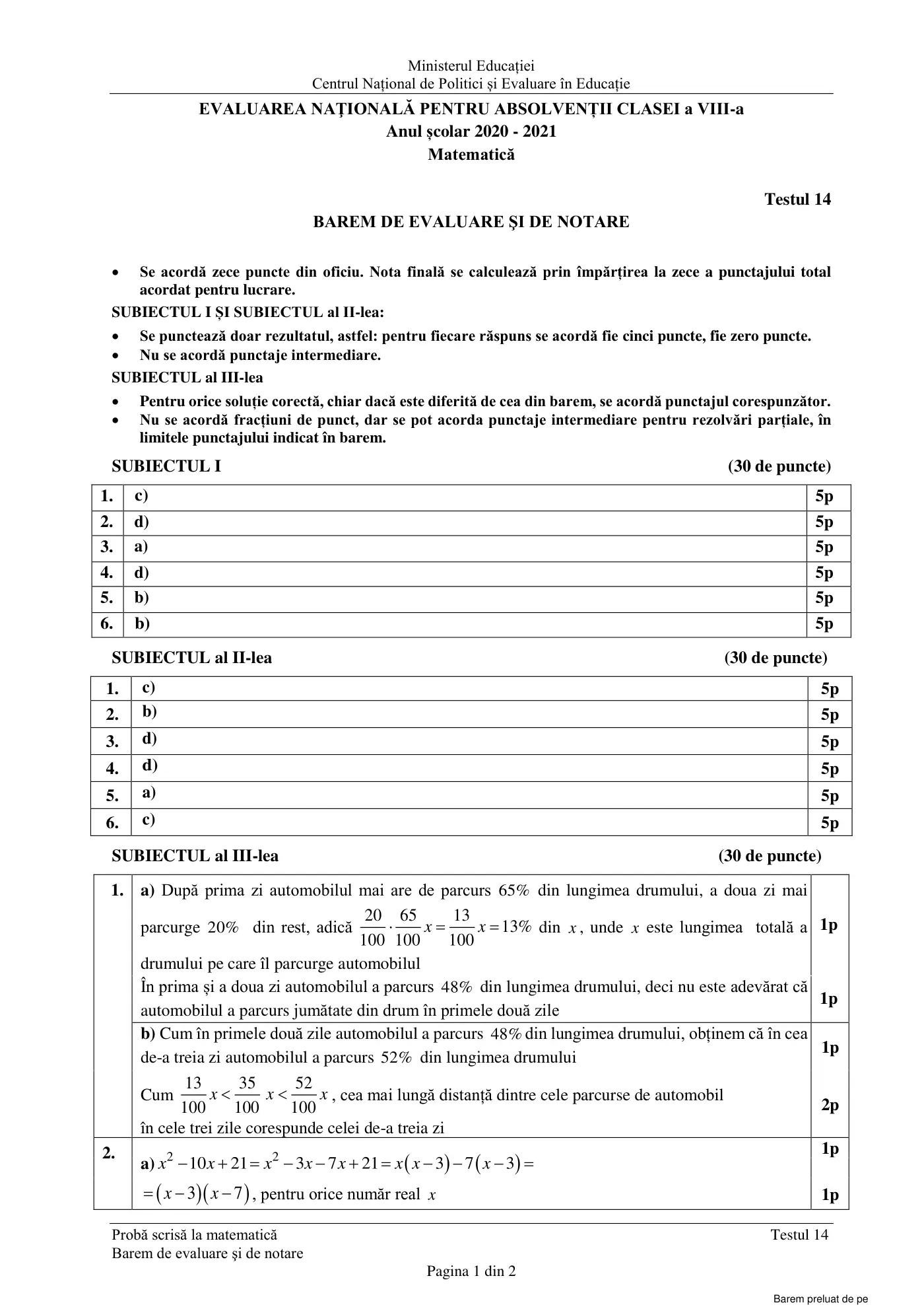 Pagina 1 din baremul pentru test de antrenament 14, matematică, martie 2021