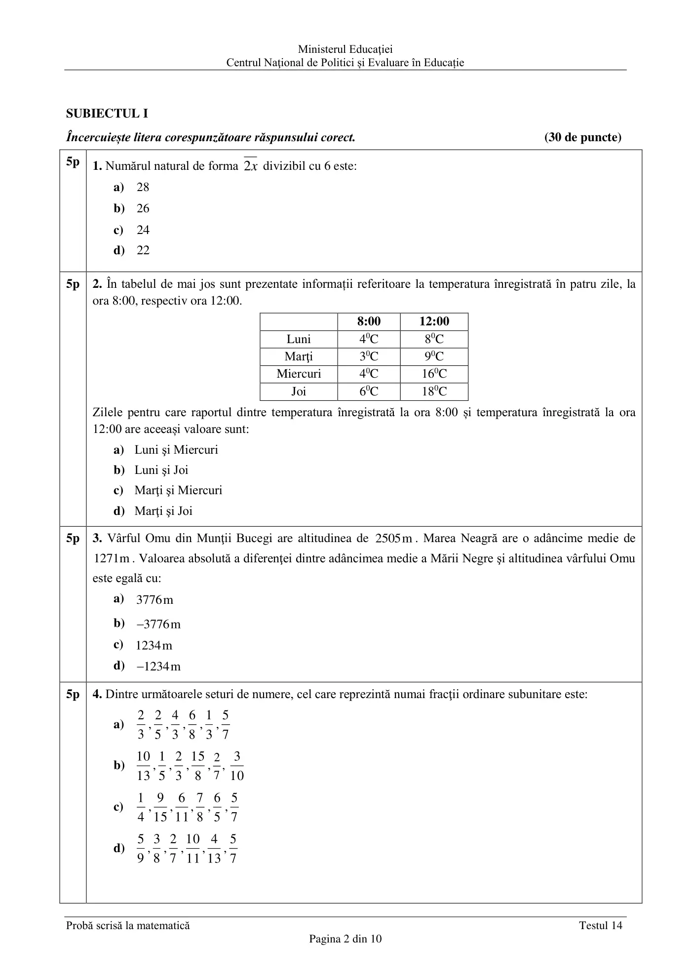 Pagina 2 din subiectul test de antrenament 14, matematică, martie 2021