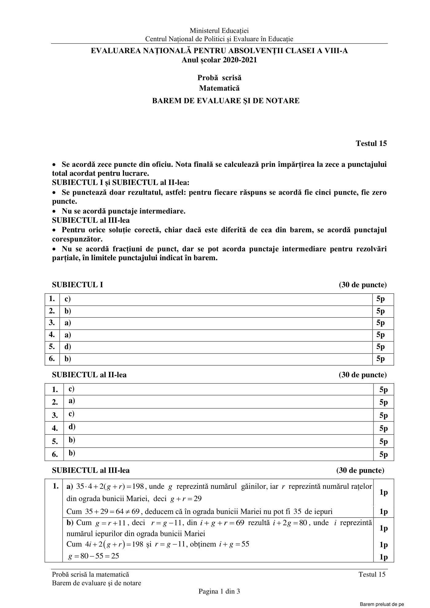Pagina 1 din baremul pentru test de antrenament 15, matematică, martie 2021