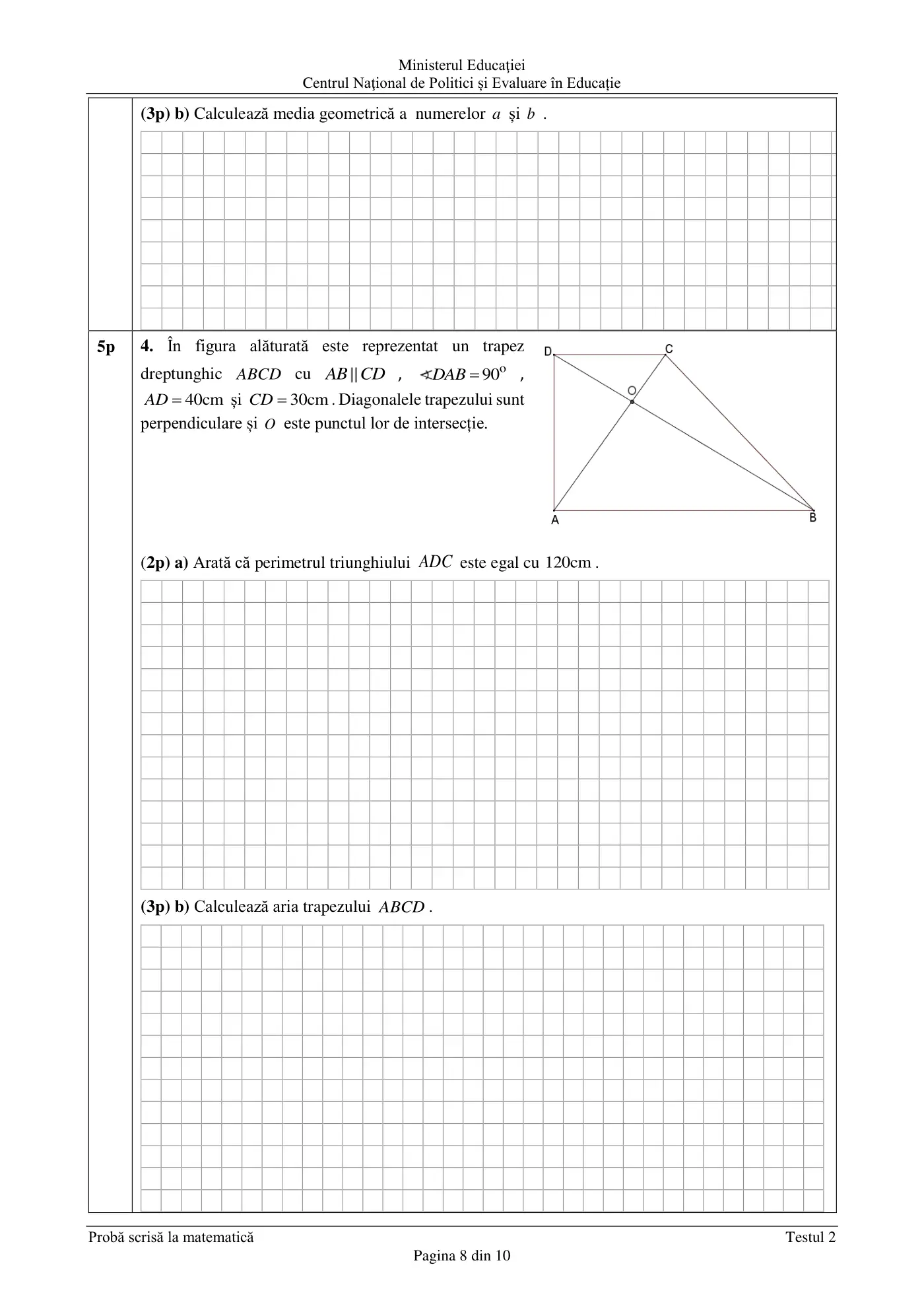 Pagina 8 din subiectul test de antrenament 2, matematică, februarie 2021