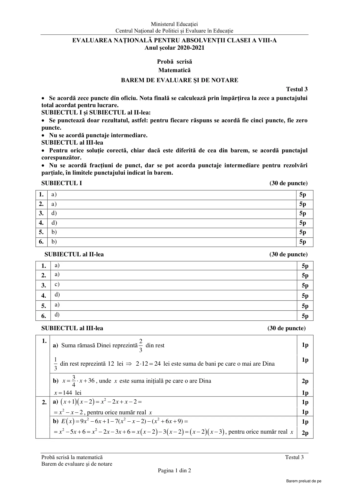 Pagina 1 din baremul pentru test de antrenament 3, matematică, februarie 2021