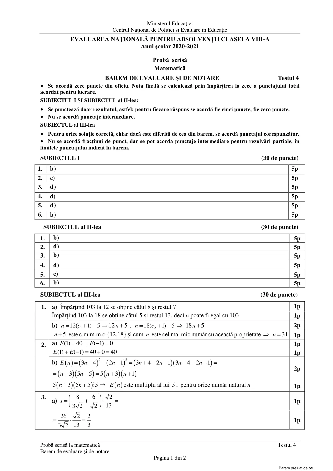 Pagina 1 din baremul pentru test de antrenament 4, matematică, februarie 2021