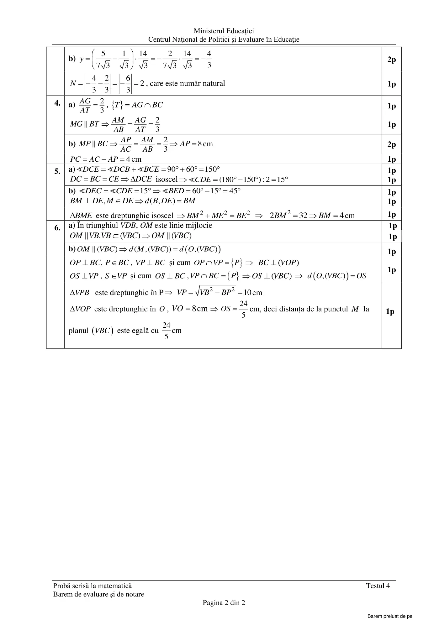 Pagina 2 din baremul pentru test de antrenament 4, matematică, februarie 2021