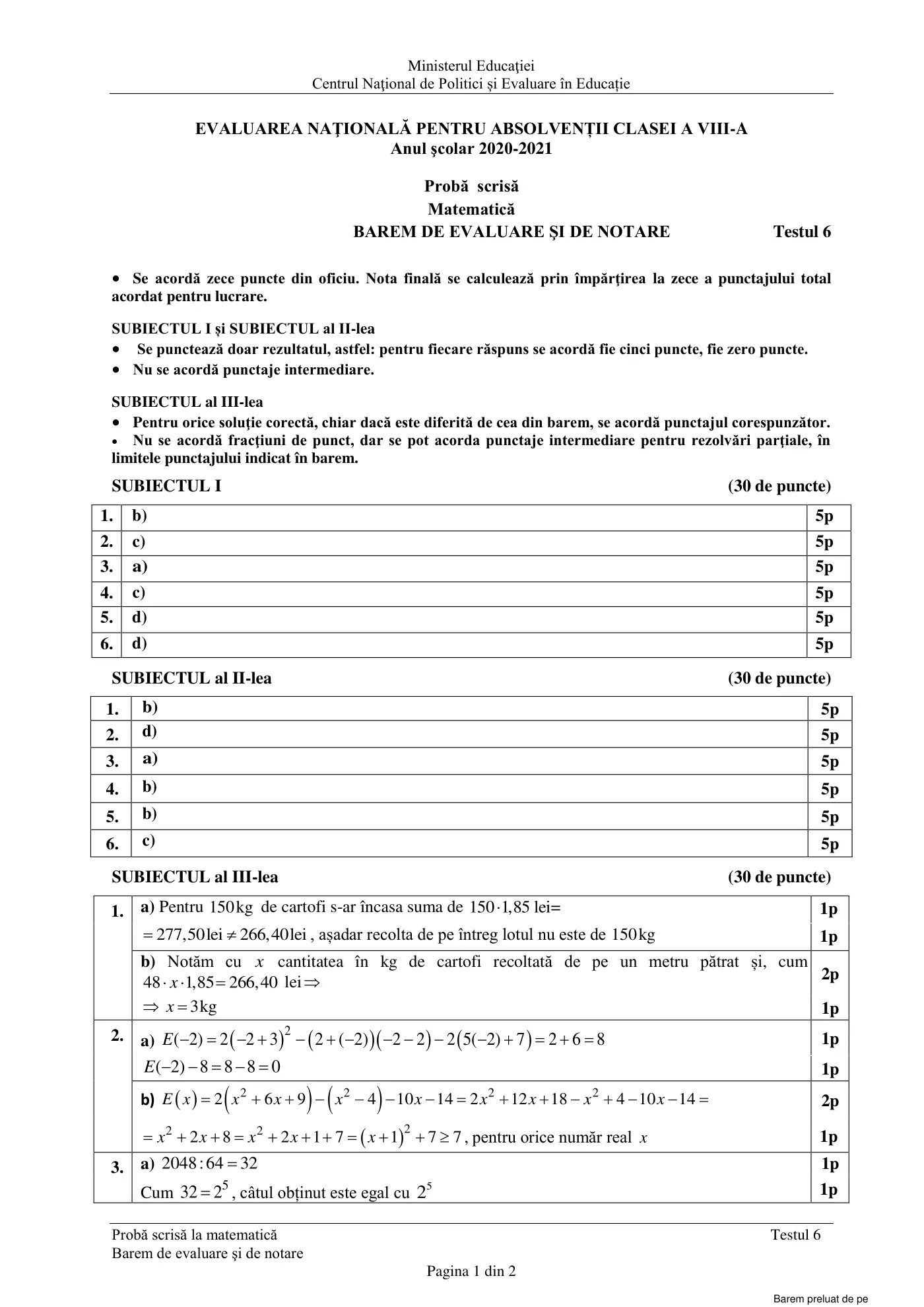 Pagina 1 din baremul pentru test de antrenament 6, matematică, martie 2021