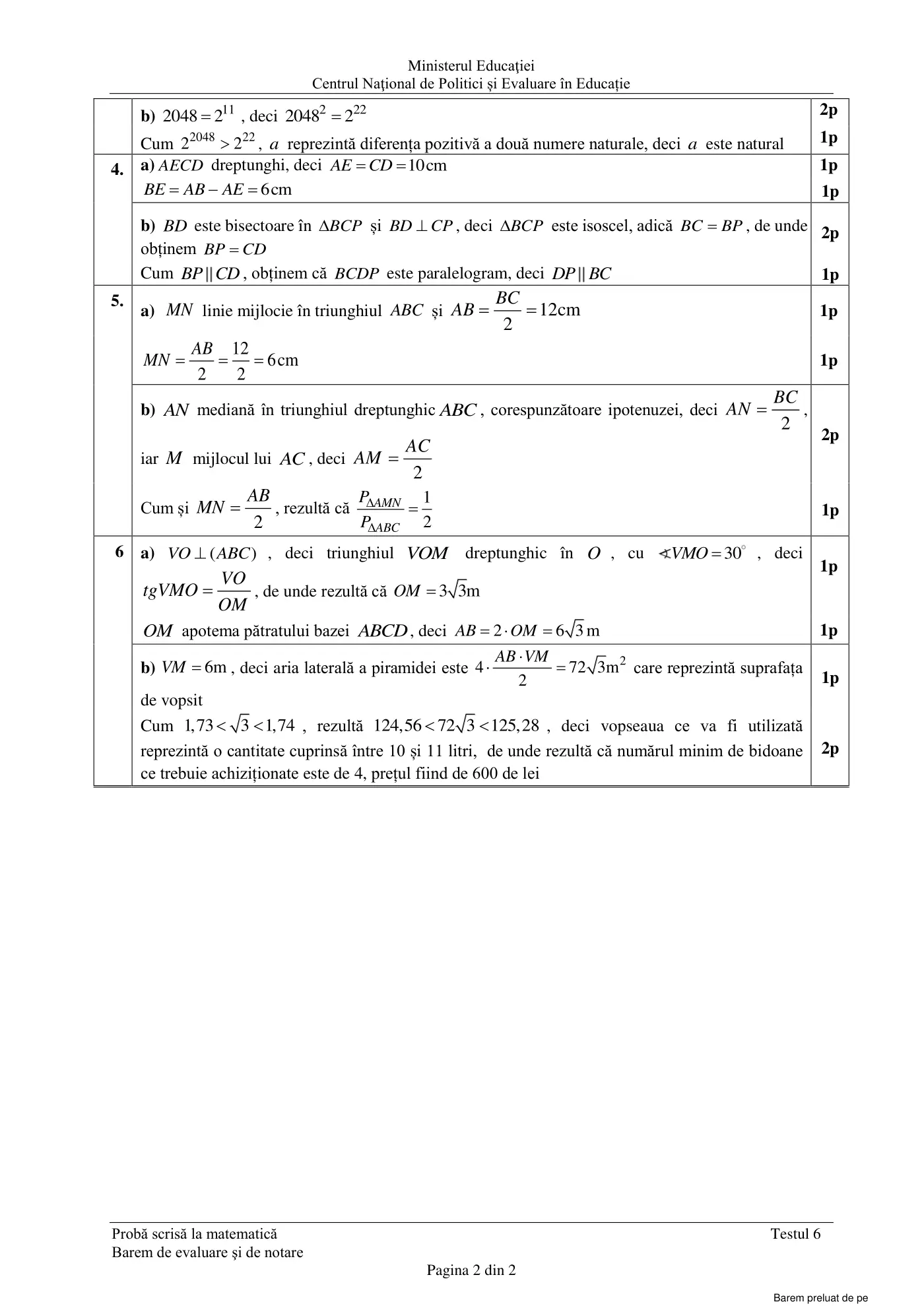 Pagina 2 din baremul pentru test de antrenament 6, matematică, martie 2021