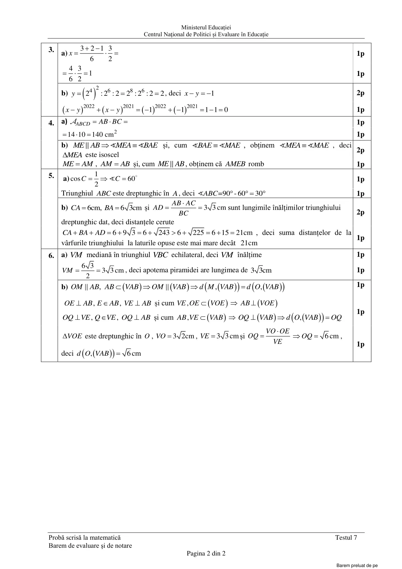 Pagina 2 din baremul pentru test de antrenament 7, matematică, martie 2021