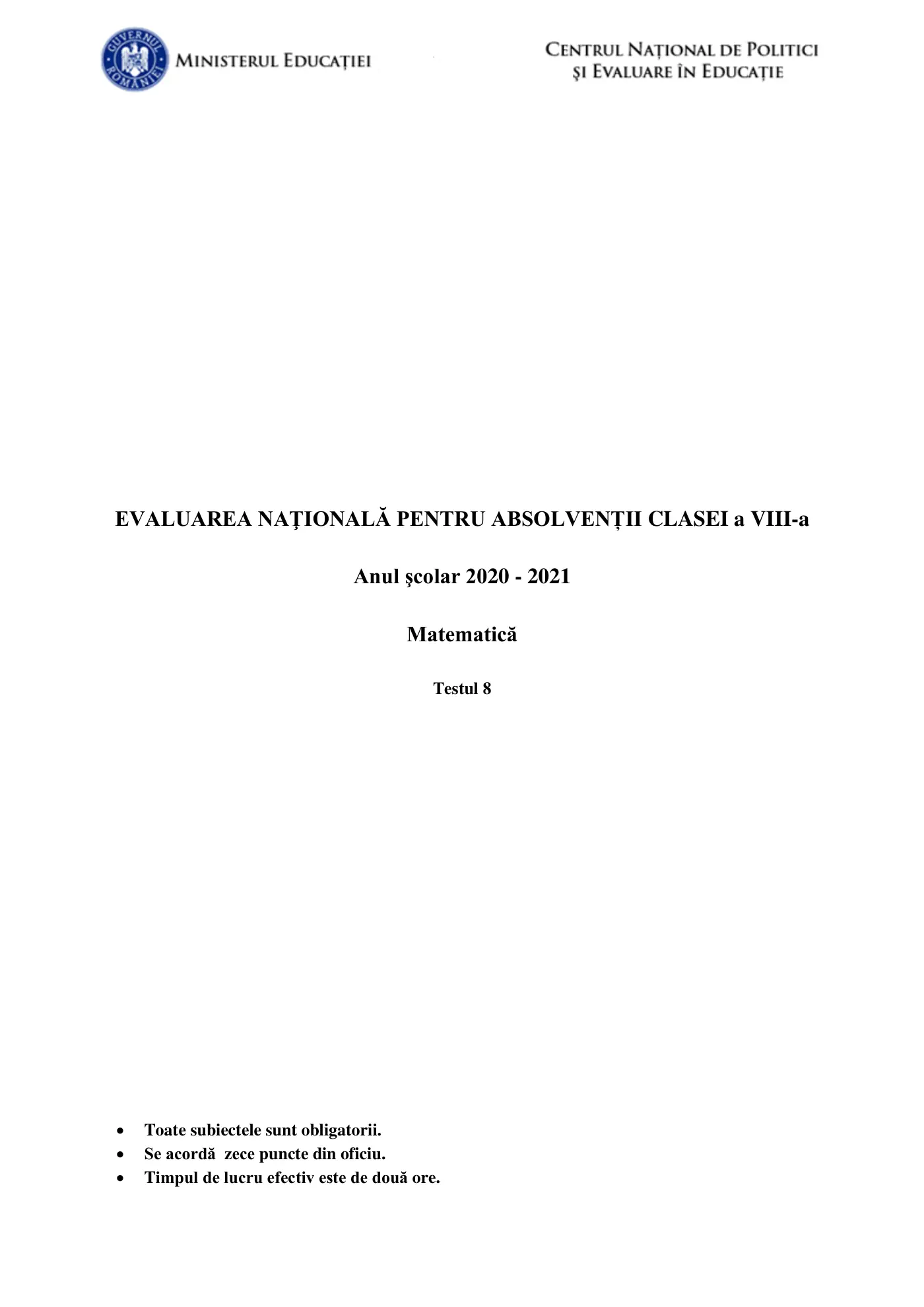 Pagina 1 din subiectul test de antrenament 8, matematică, martie 2021