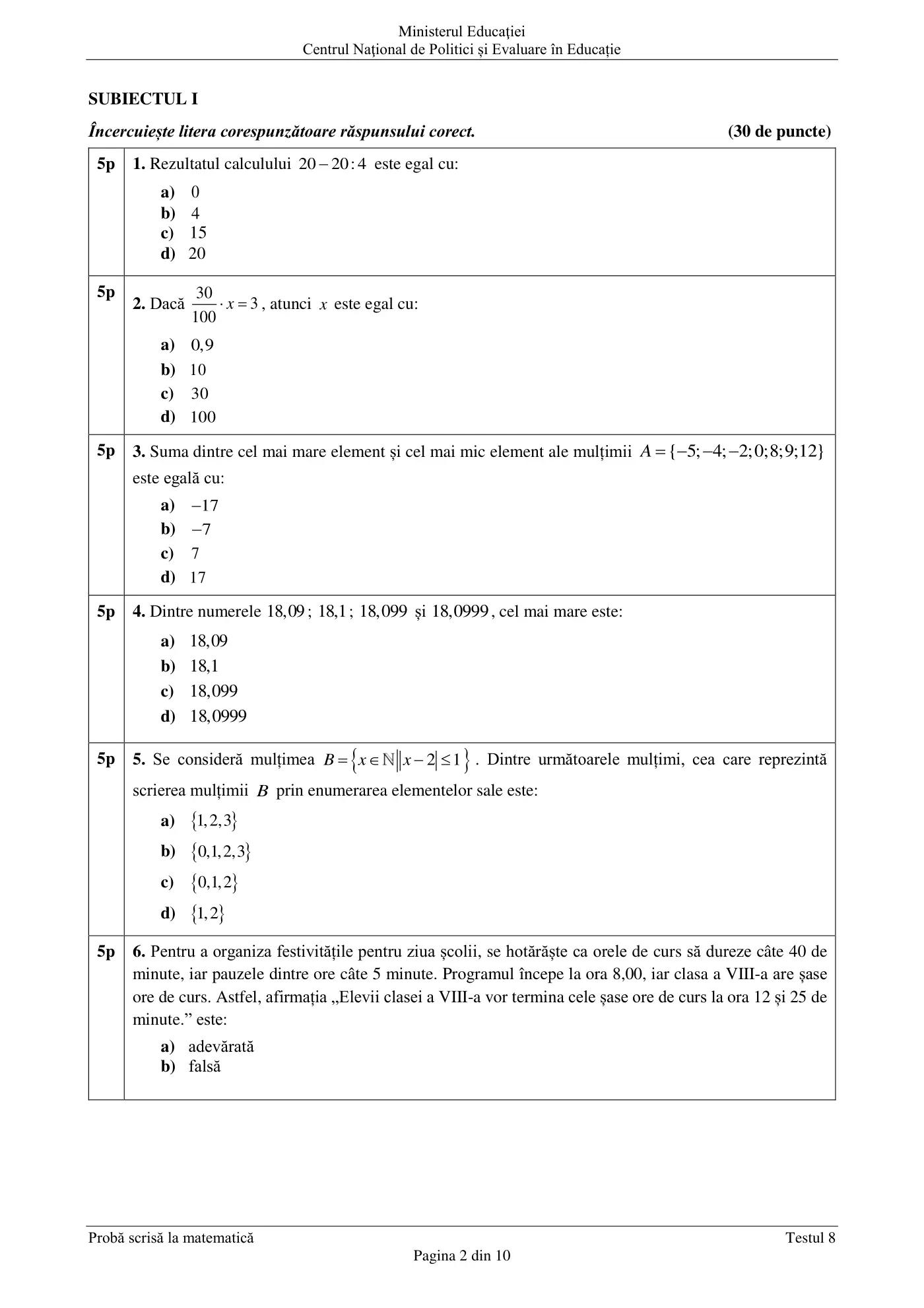 Pagina 2 din subiectul test de antrenament 8, matematică, martie 2021