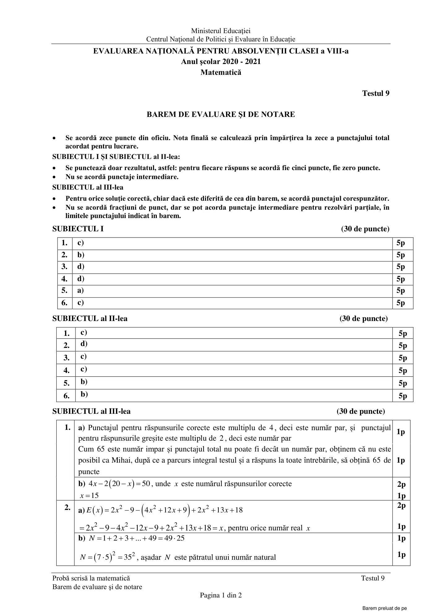 Pagina 1 din baremul pentru test de antrenament 9, matematică, martie 2021