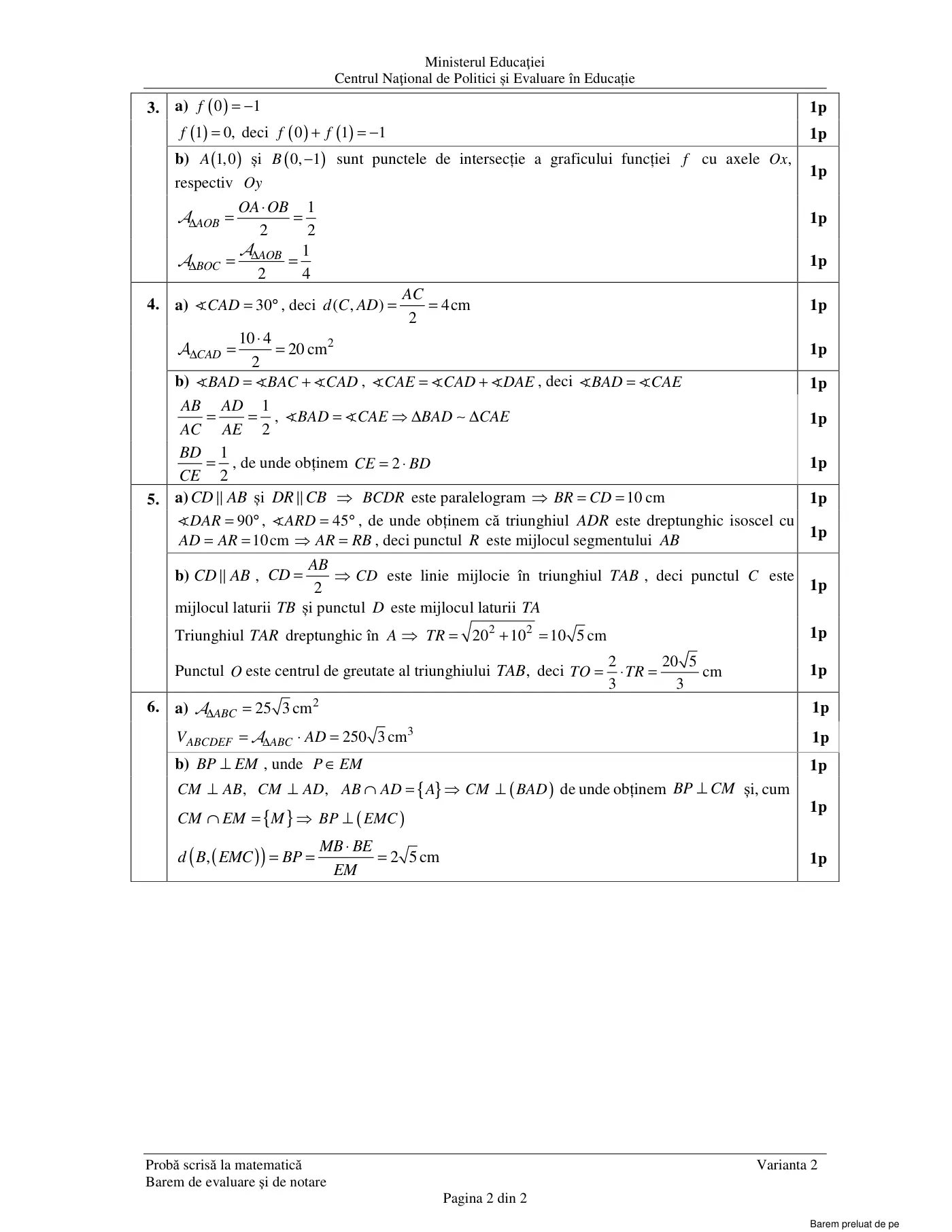 Pagina 2 din baremul pentru examen oficial (sesiunea iunie), matematică, 16 iunie 2022