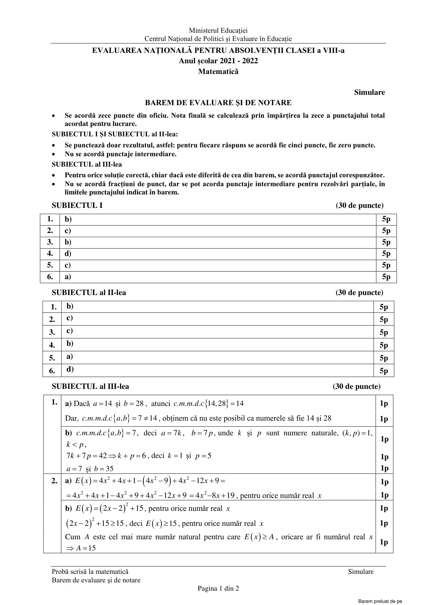 Pagina 1 din baremul pentru simulare națională, matematică, 5 aprilie 2022