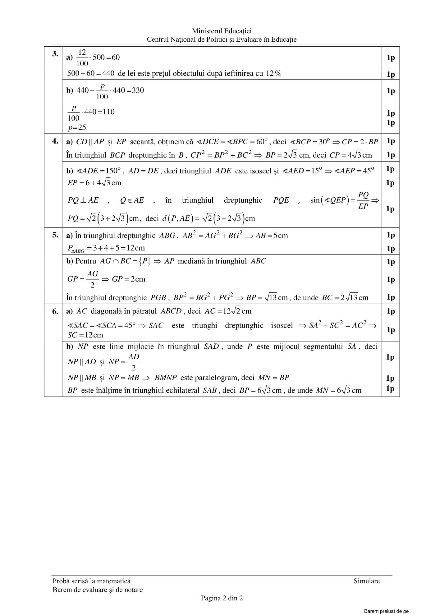 Pagina 2 din baremul pentru simulare națională, matematică, 5 aprilie 2022