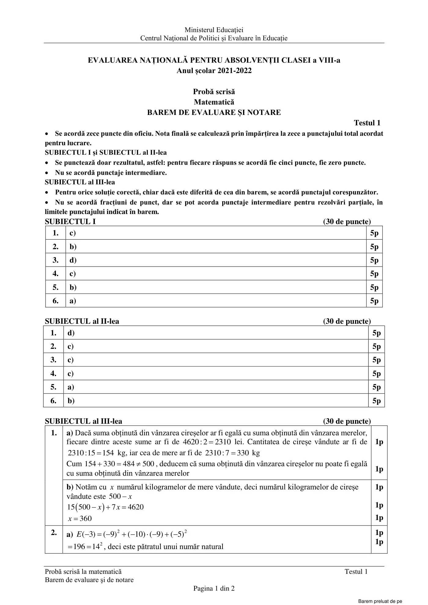 Pagina 1 din baremul pentru test de antrenament 1, matematică, aprilie 2022