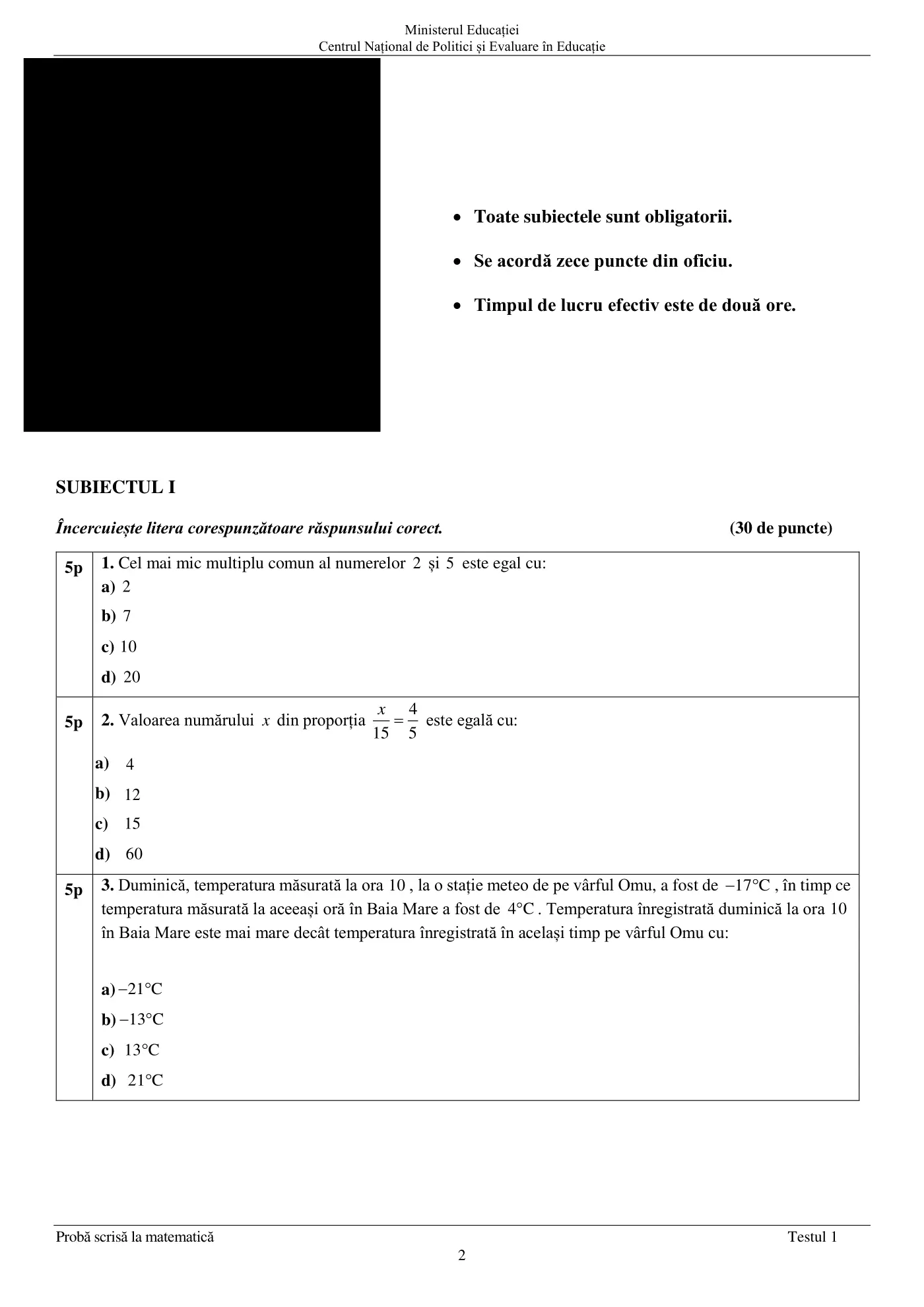 Pagina 2 din subiectul test de antrenament 1, matematică, aprilie 2022