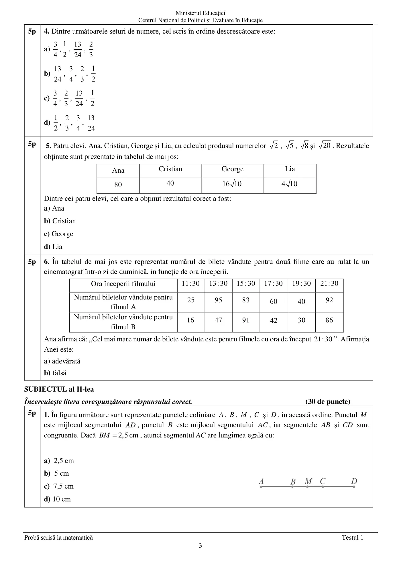 Pagina 3 din subiectul test de antrenament 1, matematică, aprilie 2022
