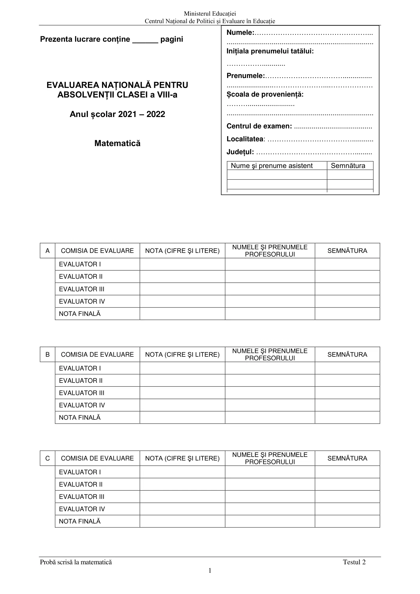 Pagina 1 din subiectul test de antrenament 2, matematică, mai 2022