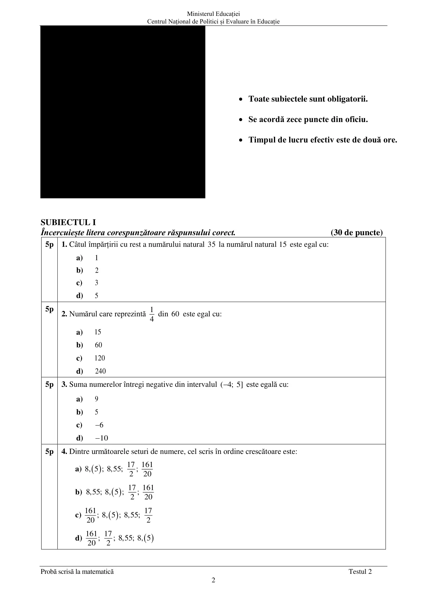 Pagina 2 din subiectul test de antrenament 2, matematică, mai 2022