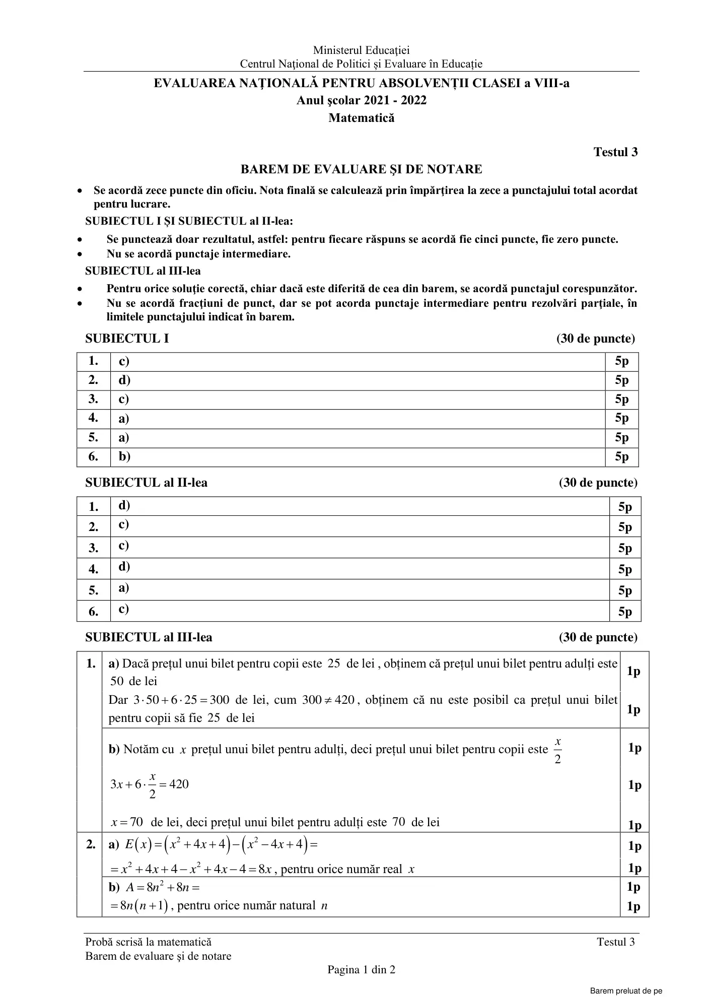 Pagina 1 din baremul pentru test de antrenament 3, matematică, mai 2022