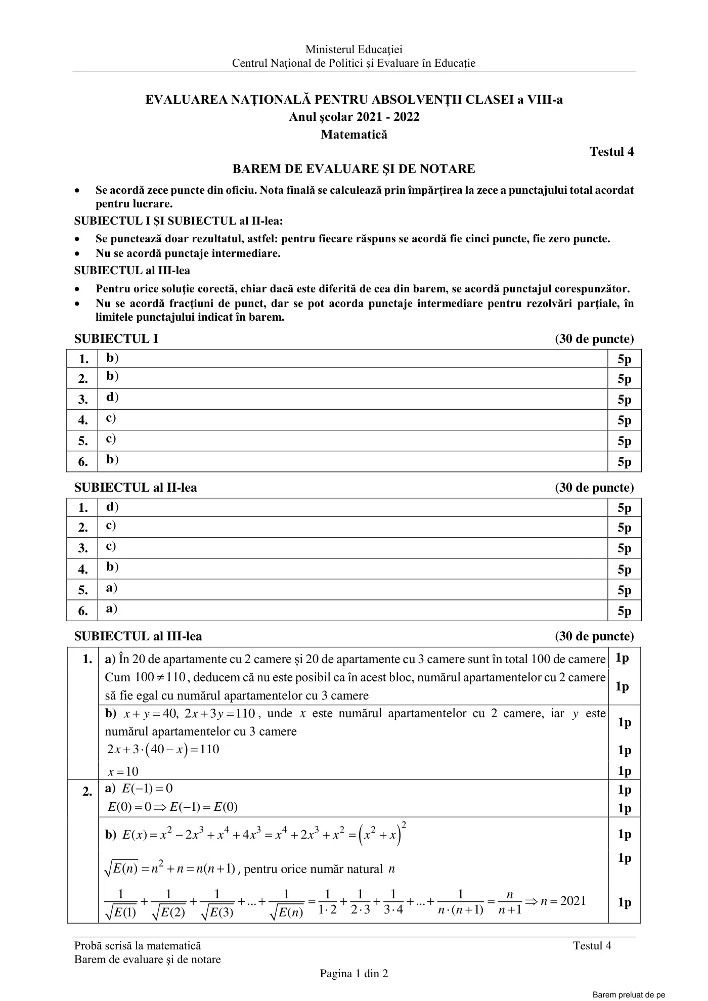 Pagina 1 din baremul pentru test de antrenament 4, matematică, mai 2022