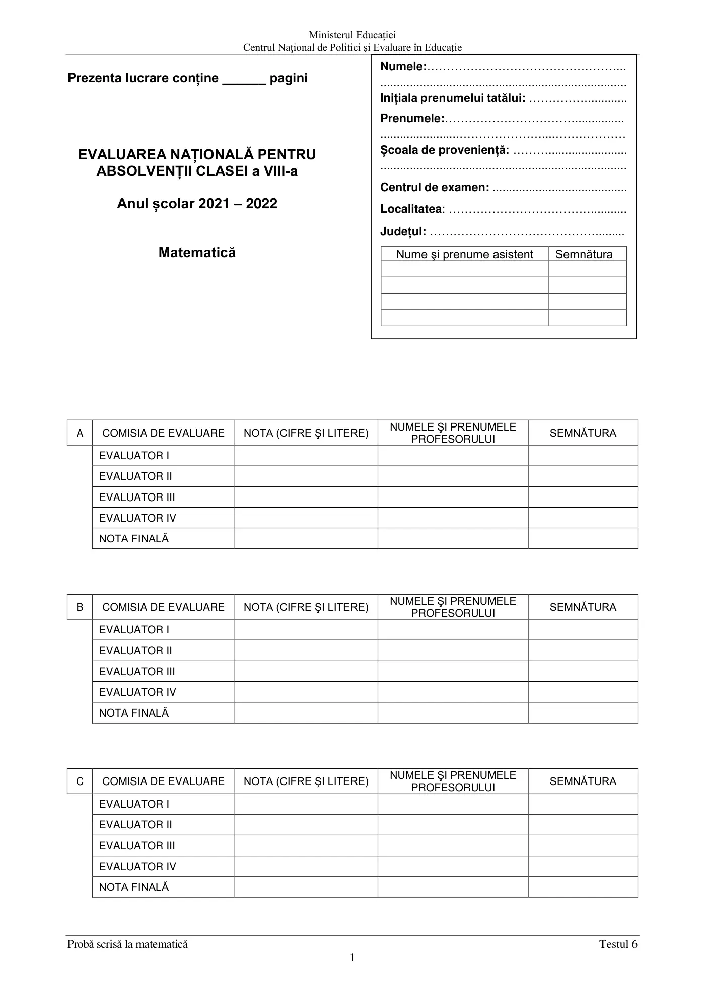 Pagina 1 din subiectul test de antrenament 6, matematică, mai 2022