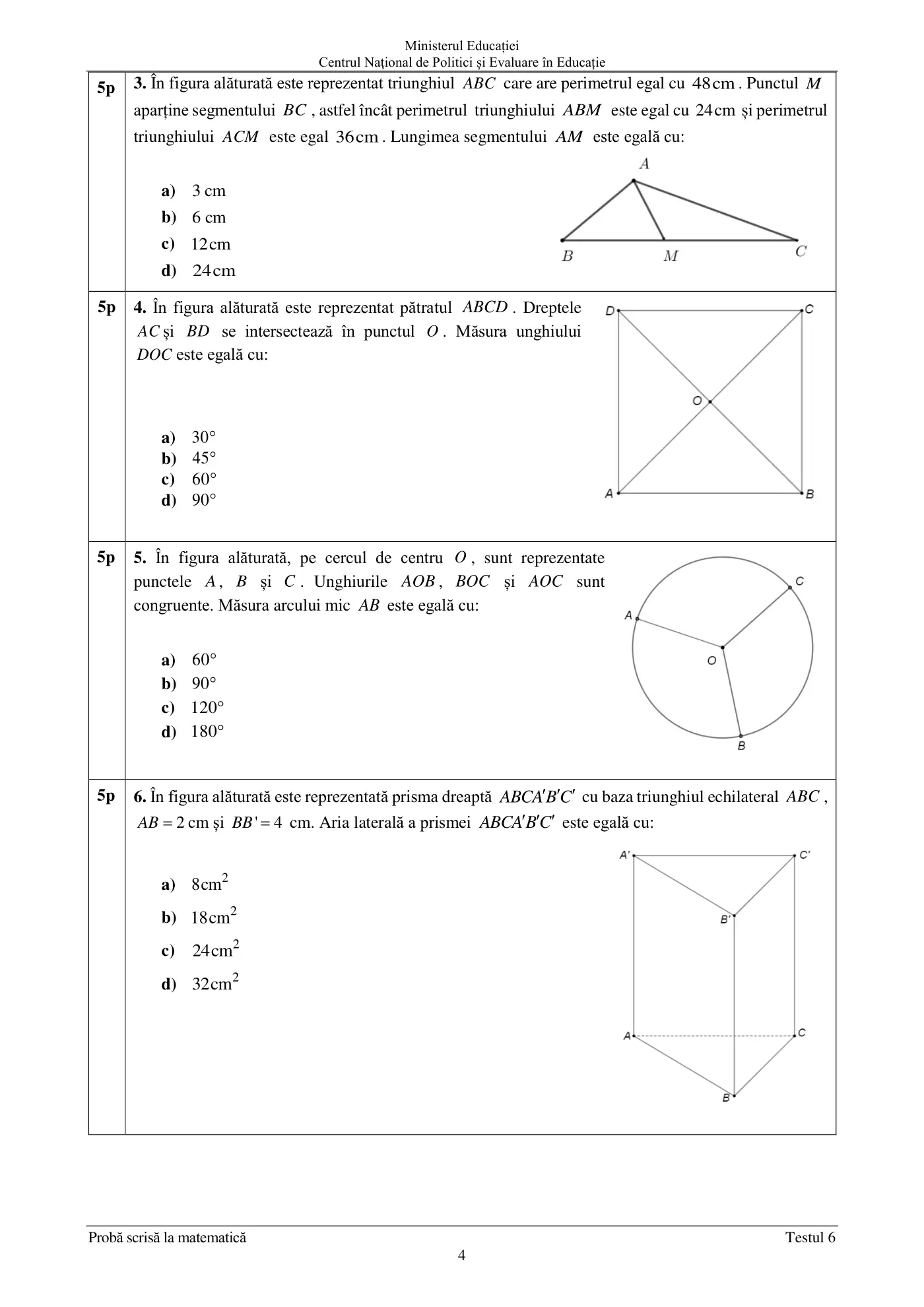 Pagina 4 din subiectul test de antrenament 6, matematică, mai 2022