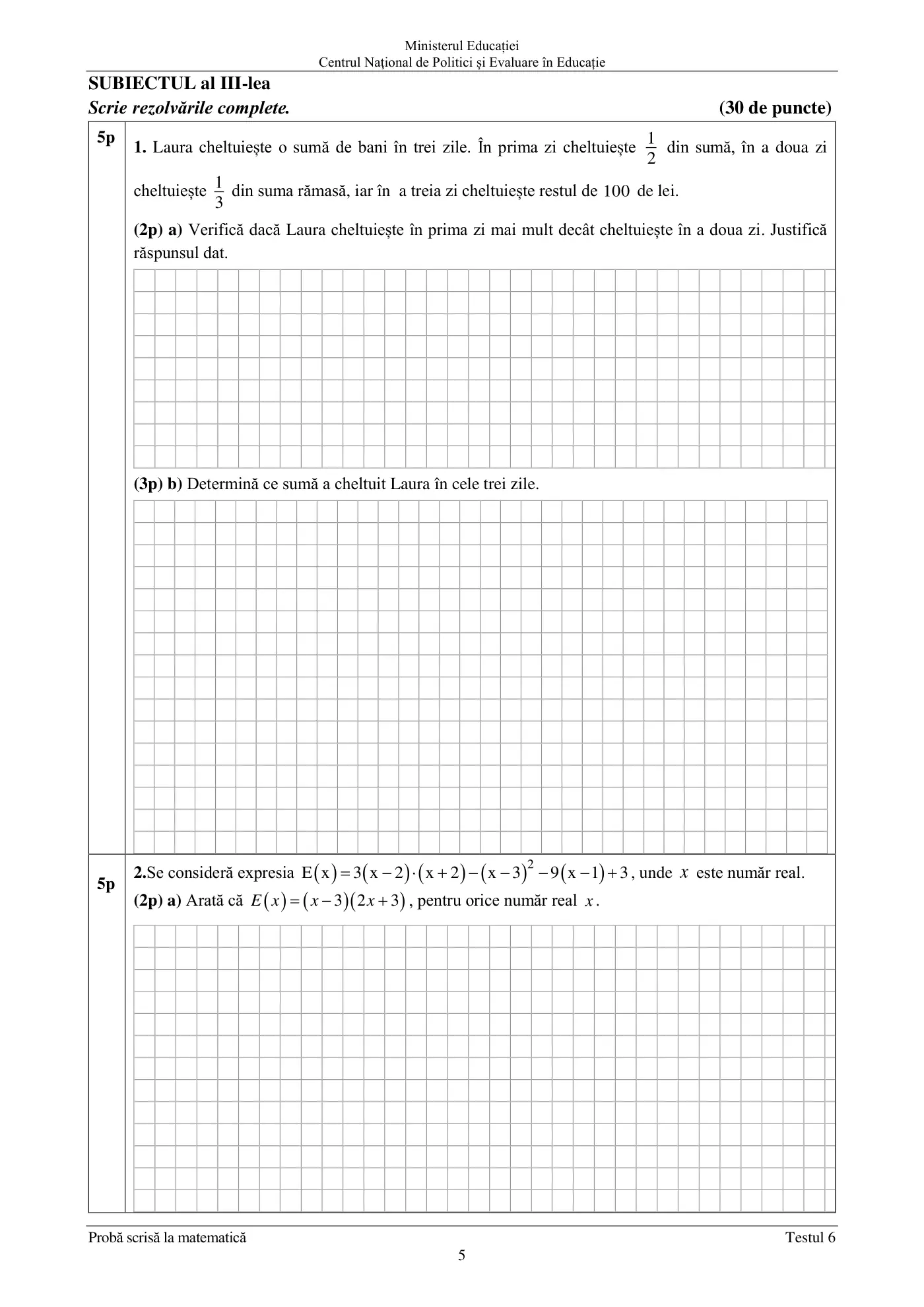 Pagina 5 din subiectul test de antrenament 6, matematică, mai 2022