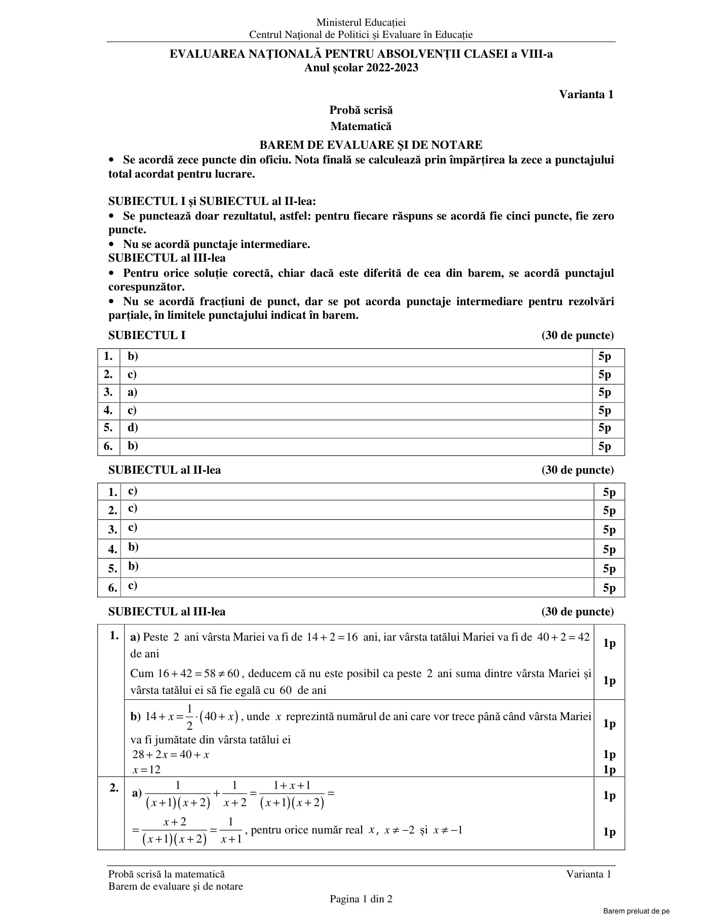 Pagina 1 din baremul pentru examen oficial (sesiunea iunie), matematică, 21 iunie 2023