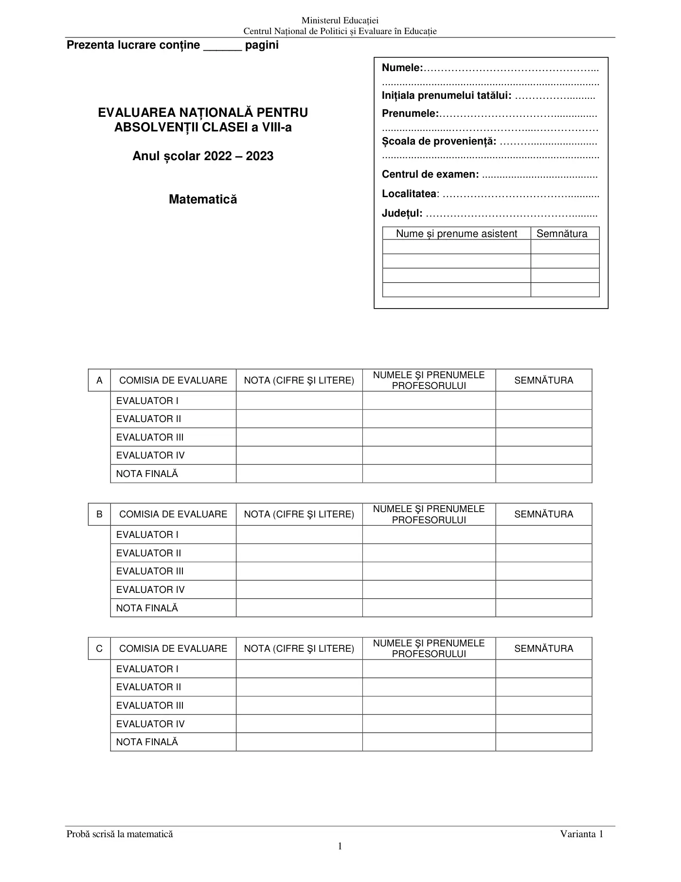 Pagina 1 din subiectul examen oficial (sesiunea iunie), matematică, 21 iunie 2023