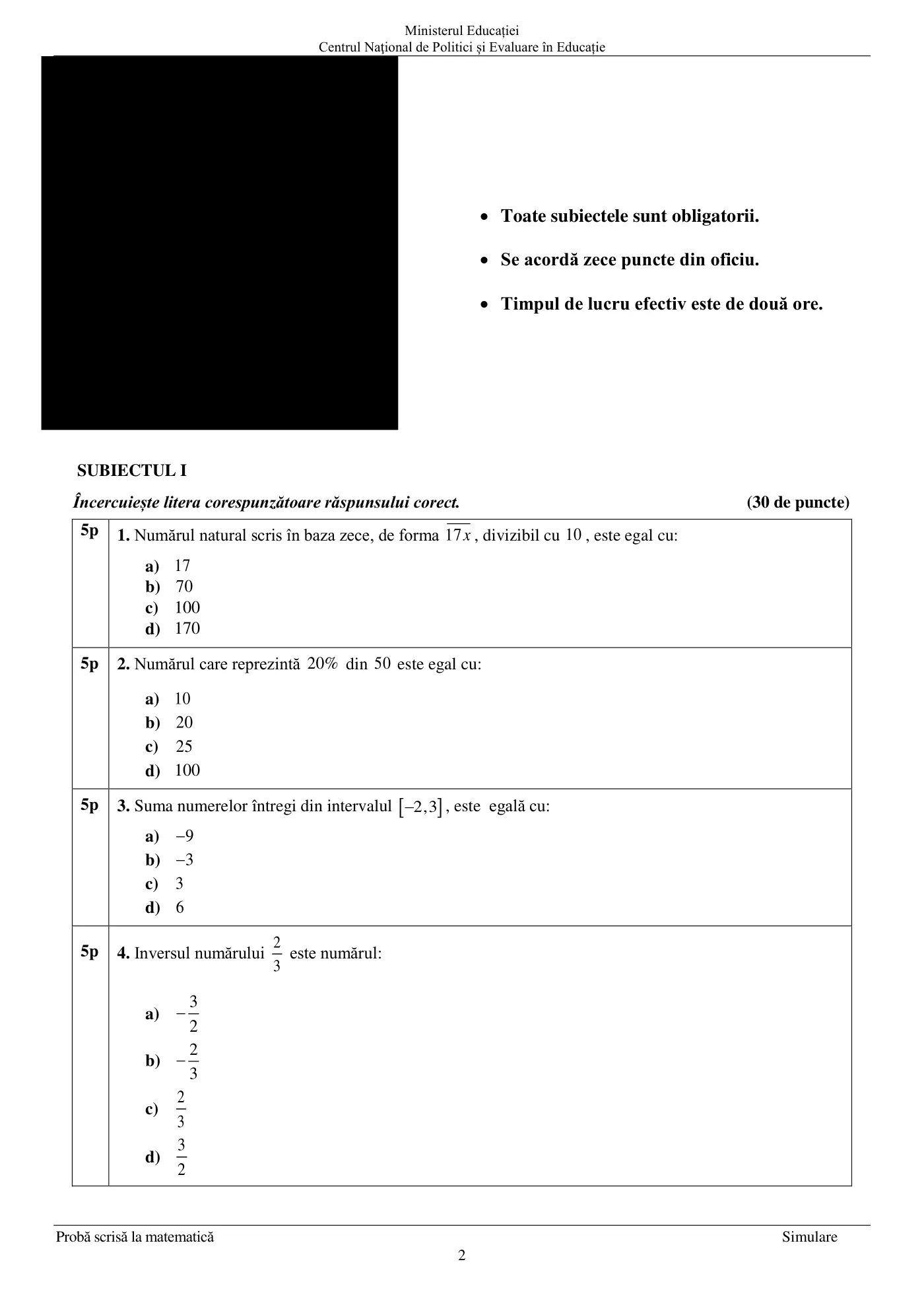 Pagina 2 din subiectul simulare națională, matematică, 21 martie 2023